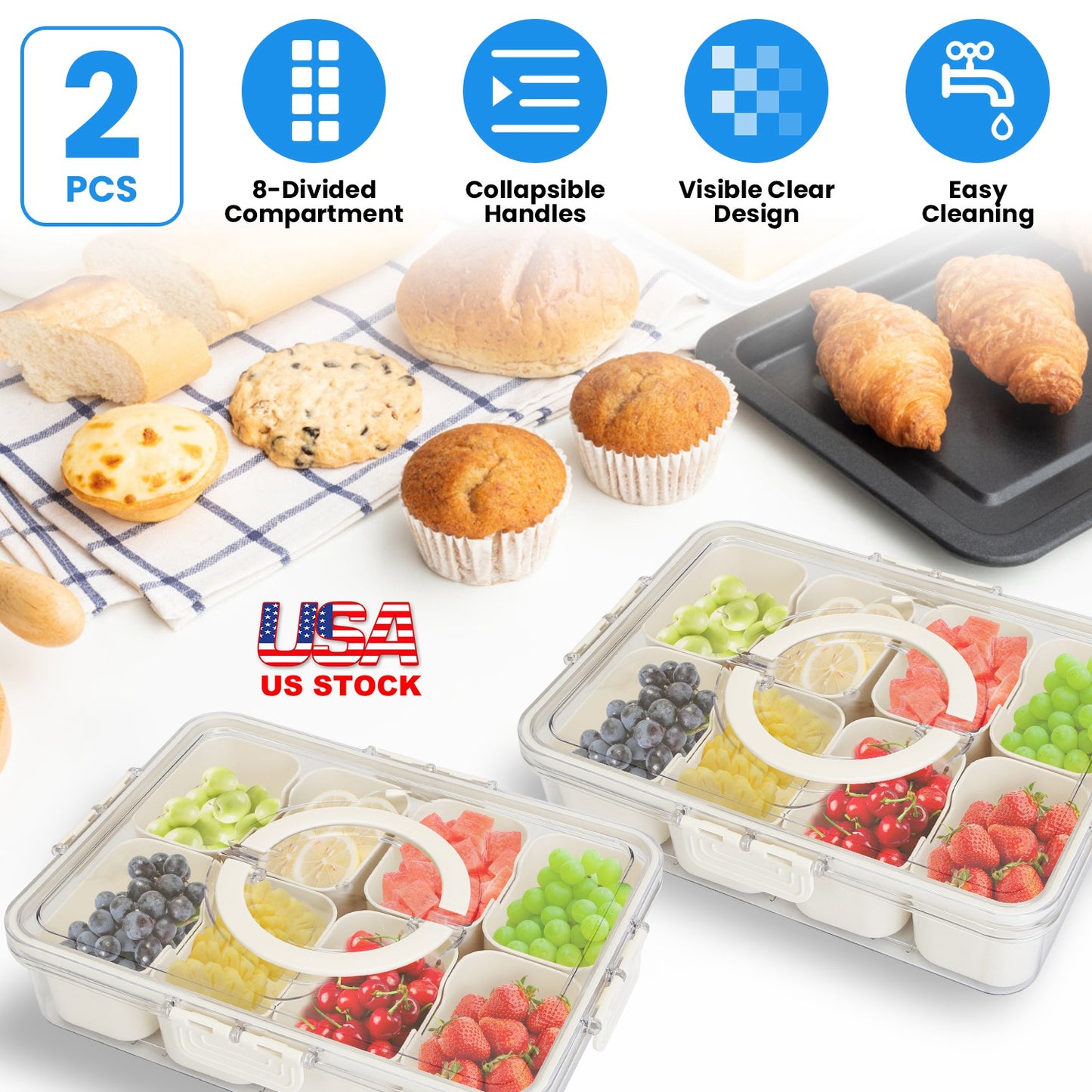 2Pcs Divided Serving Tray 8 Compartments Snack Box Charcuterie Container Clear Snack Platter Organizer Storage Box with Lid Handle for Candy Nuts Cook