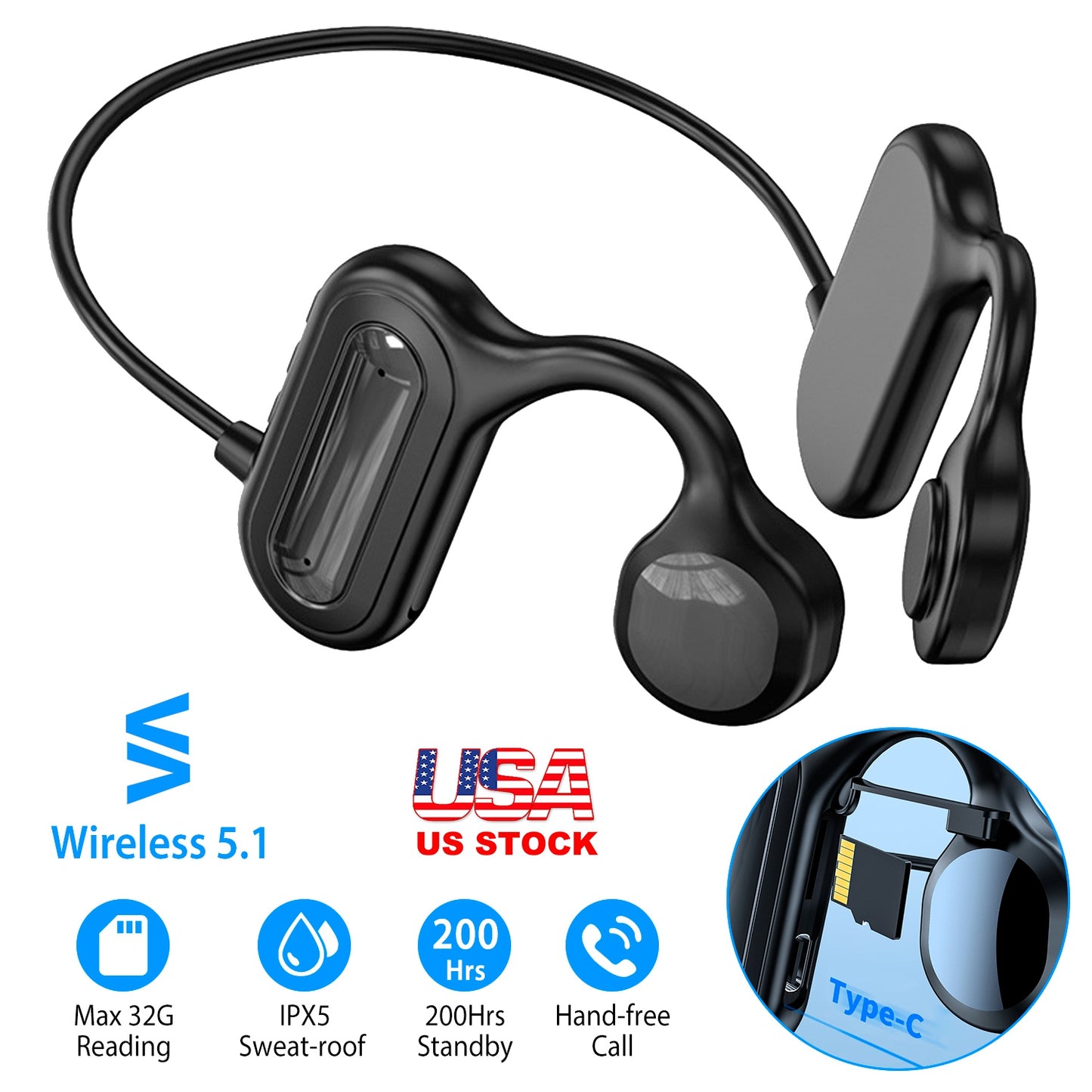 V5.1 Wireless Bone Conduction Headphone Open Ear Sports Wireless Headset w/ Mic IPX5 Sweatproof MMC Card Support