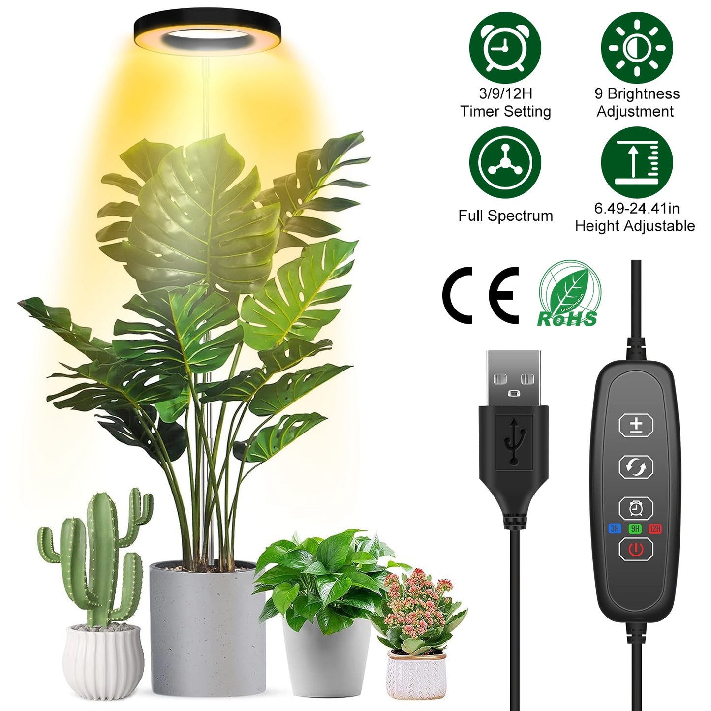 Plant Grow Light LED Full Spectrum Circle Growing Lamp with 3/9/12Hours Auto Timer Setting 9 Dimmable Brightness Height Adjustable for Indoor Plants