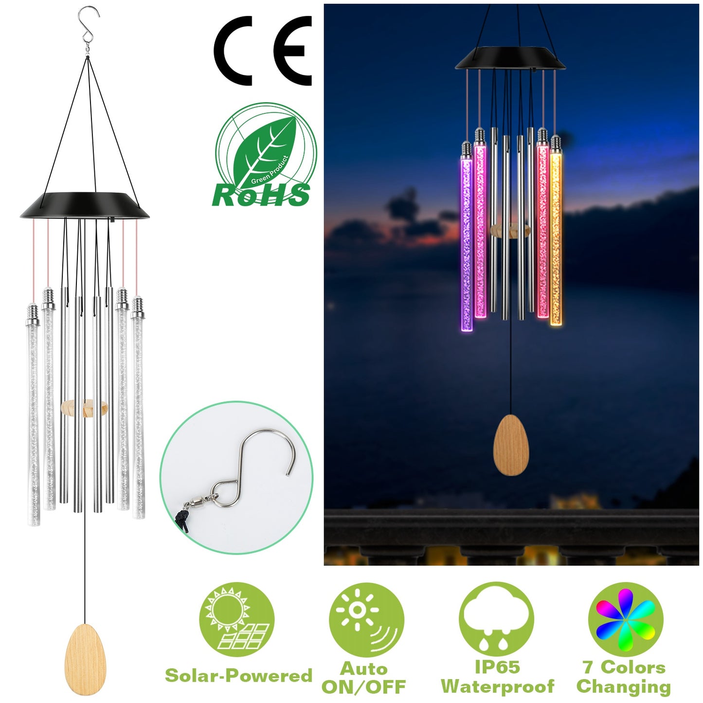 Solar Wind Chime Lights 7 Color Changing Decorative Lamp IP65 Waterproof Hanging String Lights w/ Dual Pendants For Home Garden Party Festival