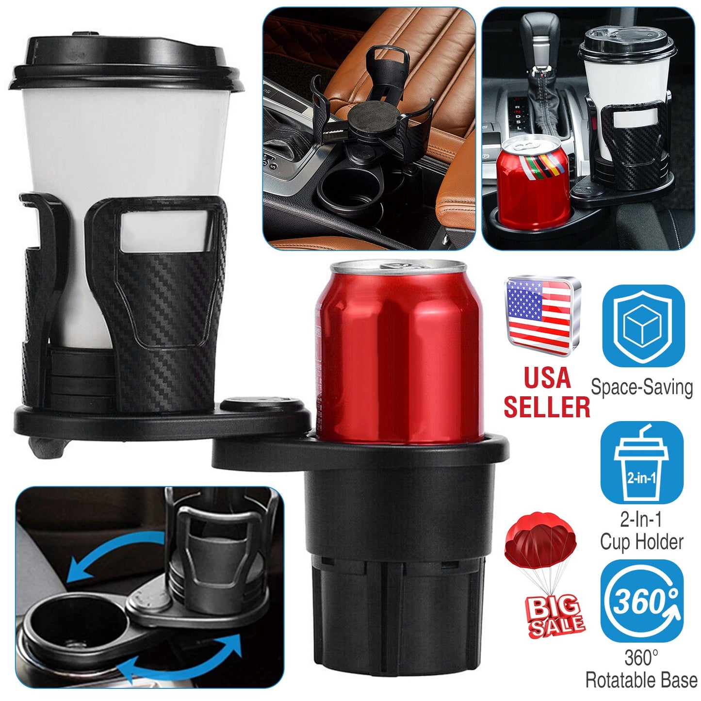 2 In 1 Car Cup Holder Extender Adapter 360¡ Rotating Dual Cup Mount Organizer Holder For Most 20 oz Up To 5.9" Coffee Drinking Bottles Key Glass Stora
