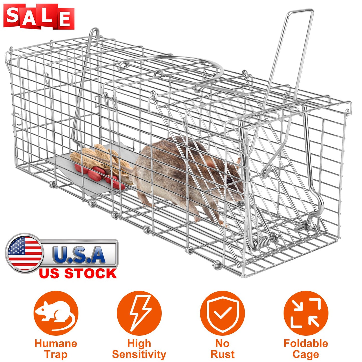 Foldable Rat Trap Cage Humane Live Rodent Trap Cage Galvanized Iron Mice Mouse Control Bait Catch with Detachable L Shaped Rod