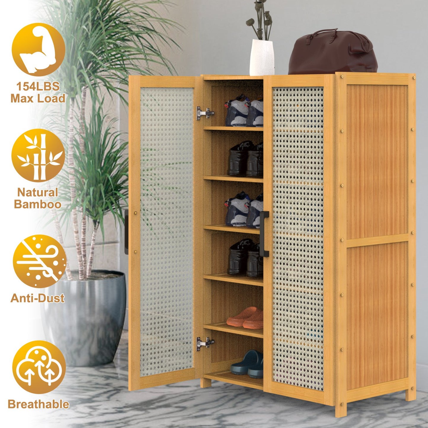 6-Tier Shoe CabinetÊwith Bamboo Shoe Rack Freestanding Shoe Organizer with 2 Hollow Doors and Handles 154lbs Max Load for Closet Hallway Living Room