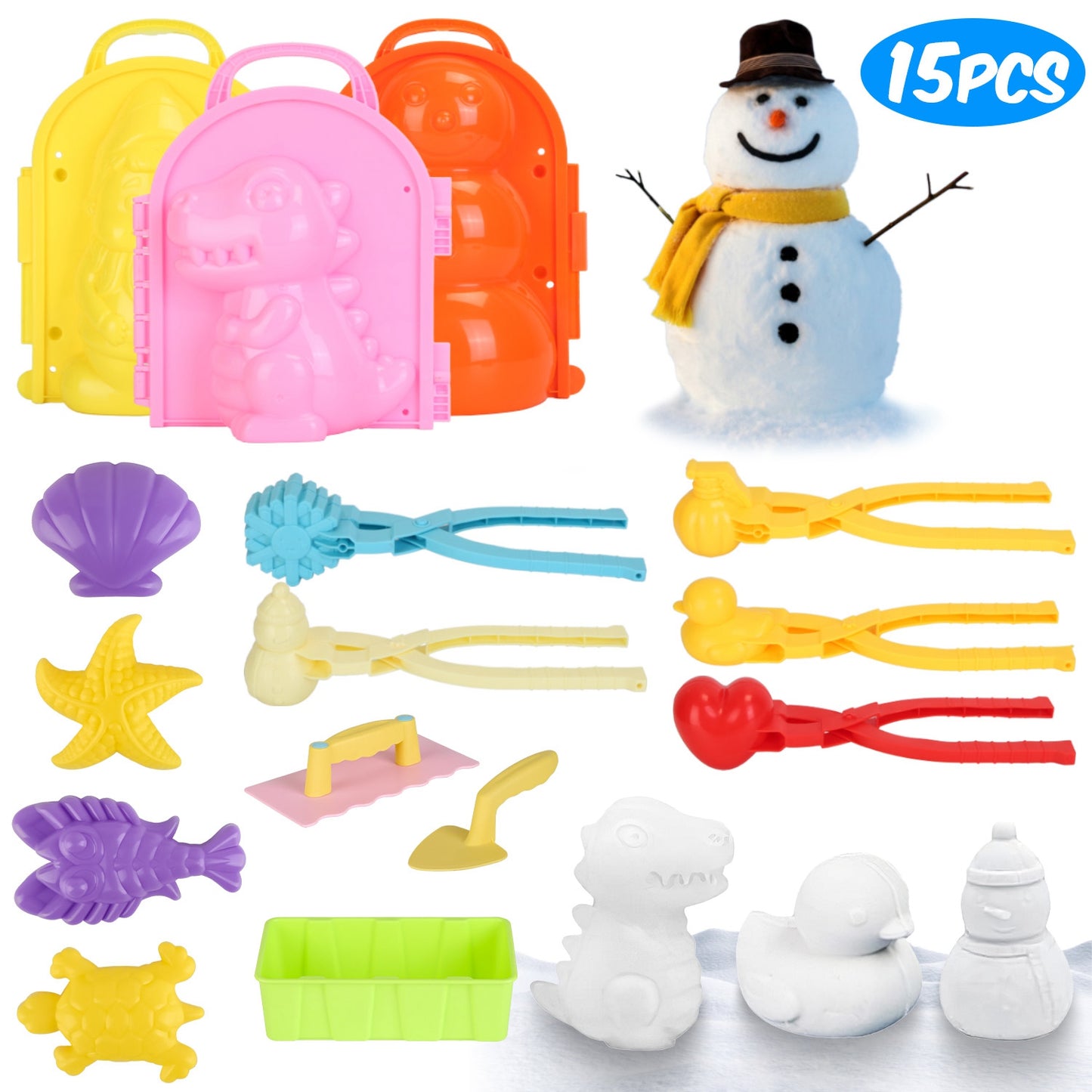 15Pcs Winter Snowball Tool Kit Kids Snow Molds Outdoor Snow Beach Toys for Kids Toddlers Adults Snowman Snowflake Duck Dinosaur