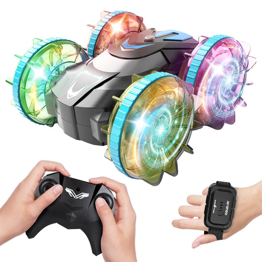 2 In 1 Amphibious RC Car Waterproof Stunt Car with Wrist Controller 4WD 360¡ Rotating Gesture Car with RGB Lights for Kids Aged 6+ Years Old Double-si