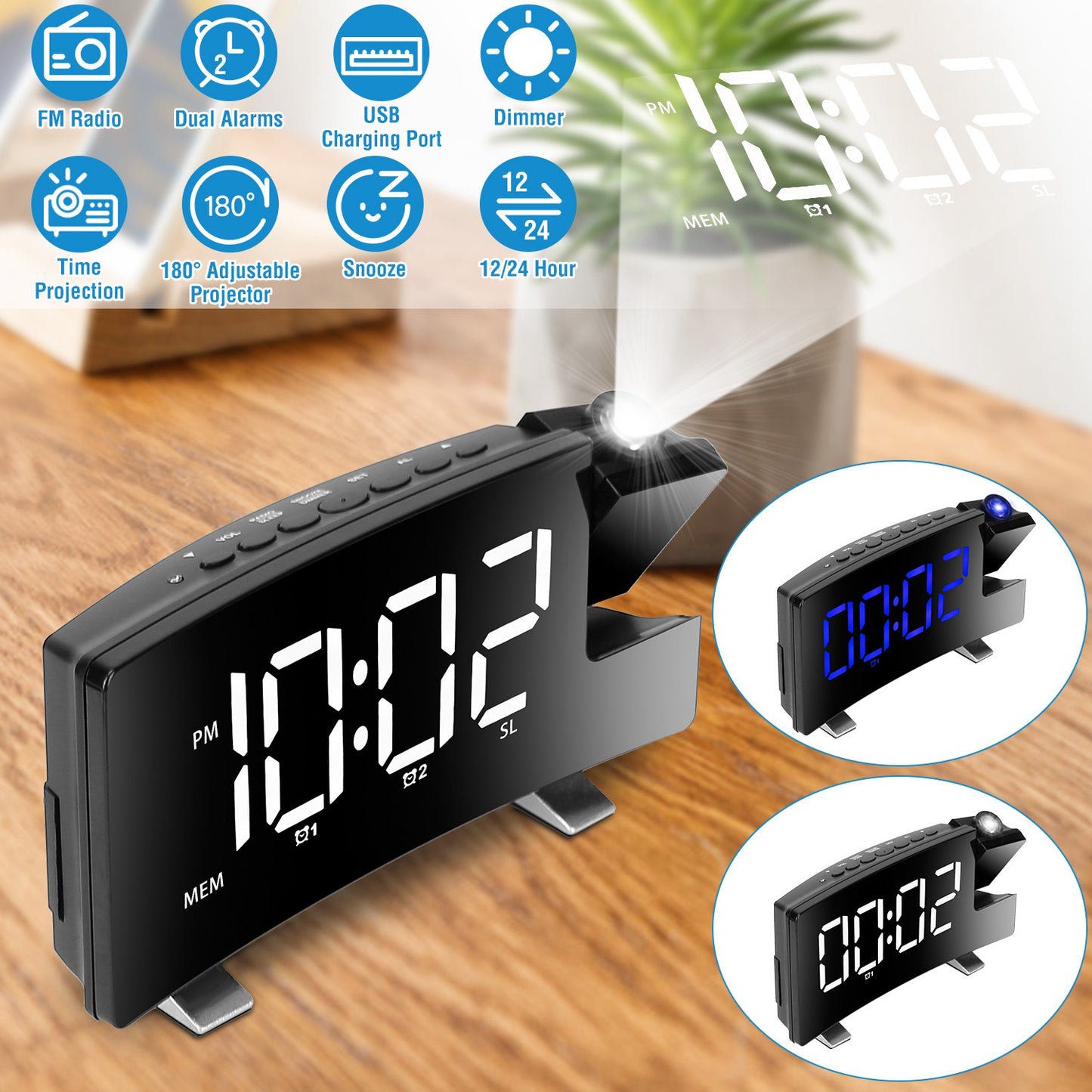 Projection Alarm Clock with Radio Function 7.7In Curved-Screen LED Digital Alarm Clock w/ Dual Alarms 4 Dimmer 12/24 Hour USB Charging Port 180¡ Rotat