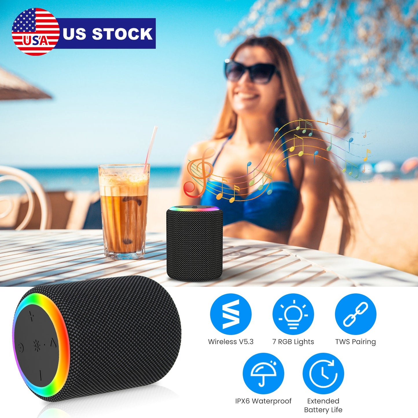 Portable Wireless Speaker Outdoor Party Speaker Mini Waterproof Speaker with 7 RGB Lights Support Calling TWS AUX In MMC Card Input