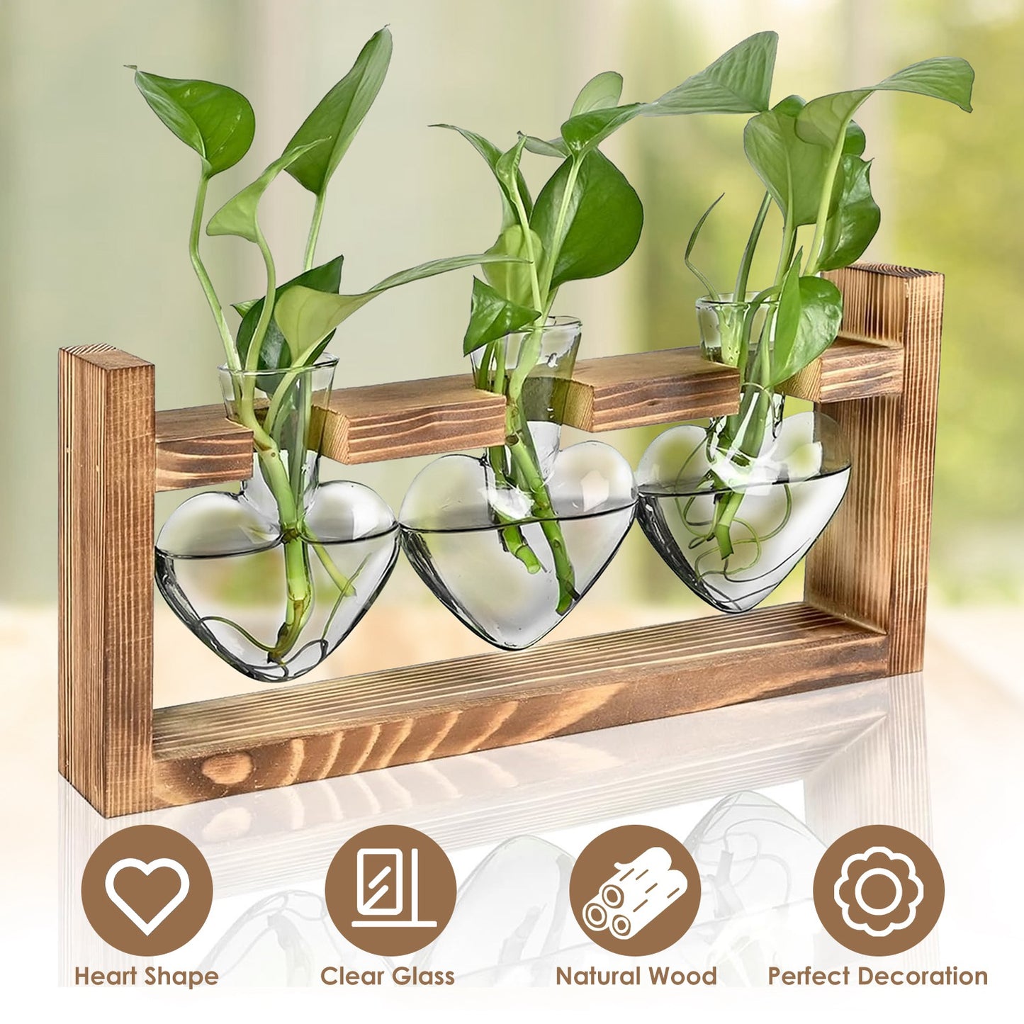 Plant Terrarium Propagation Station with 3 Heart Shaped Vases Wooden Stand Desktop Air Planter Bulb Glass Vase for Hydroponics Home Office Decor Gift