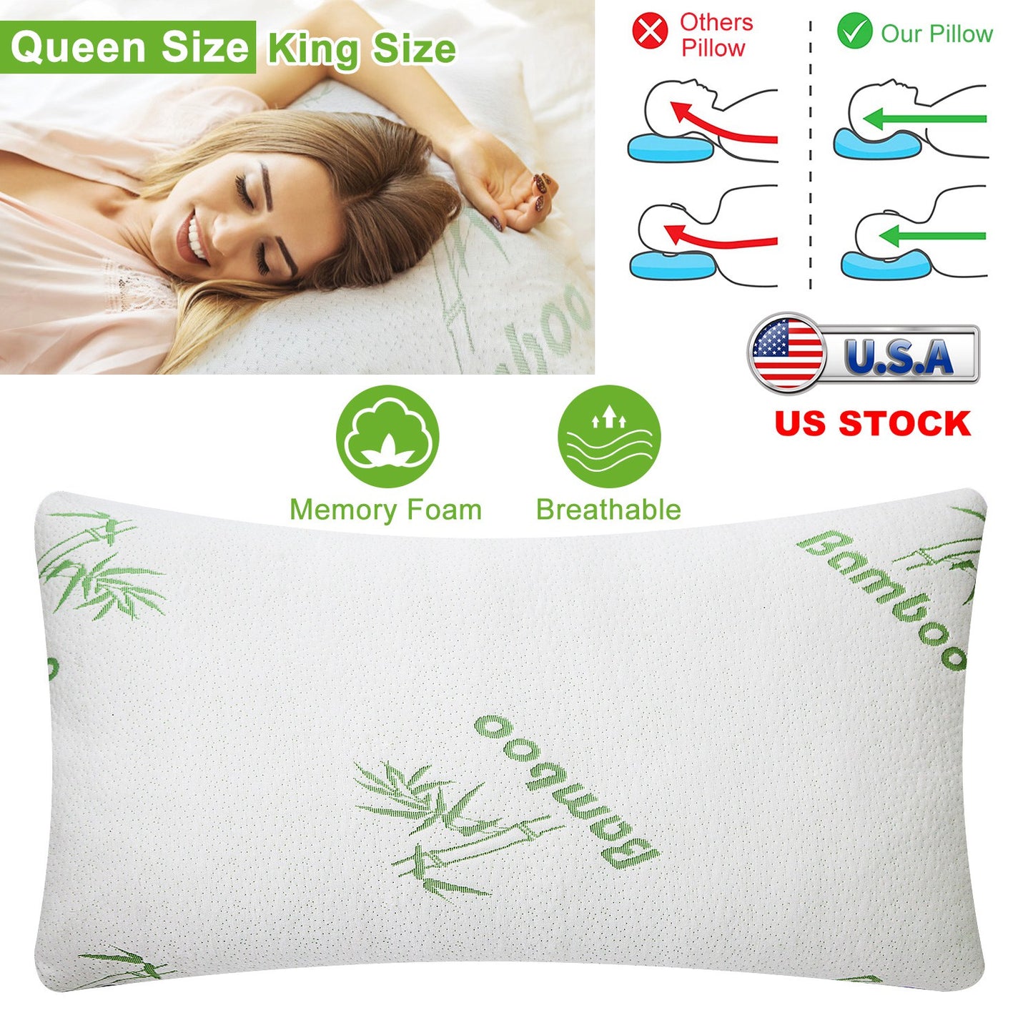 Bamboo Memory Foam Pillow Hypoallergenic Bed Pillow For Head Neck Rest Sleeping Shredded Pillow W/ Washable Cover