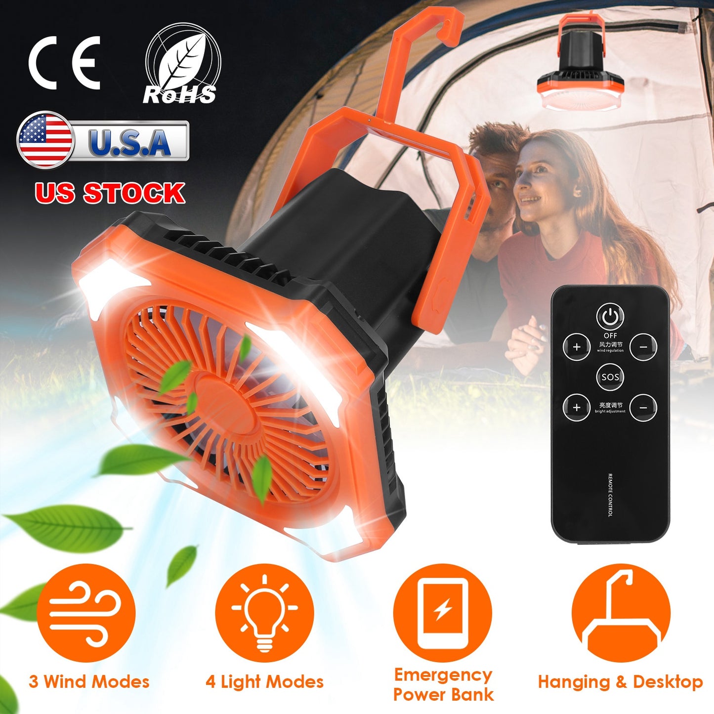 Portable Camping Lantern Fan 10000mAh Battery Powered Hanging Fan USB Rechargeable Tent Fan with 4 Light Modes 3 Wind Modes Emergency Power Bank Remot
