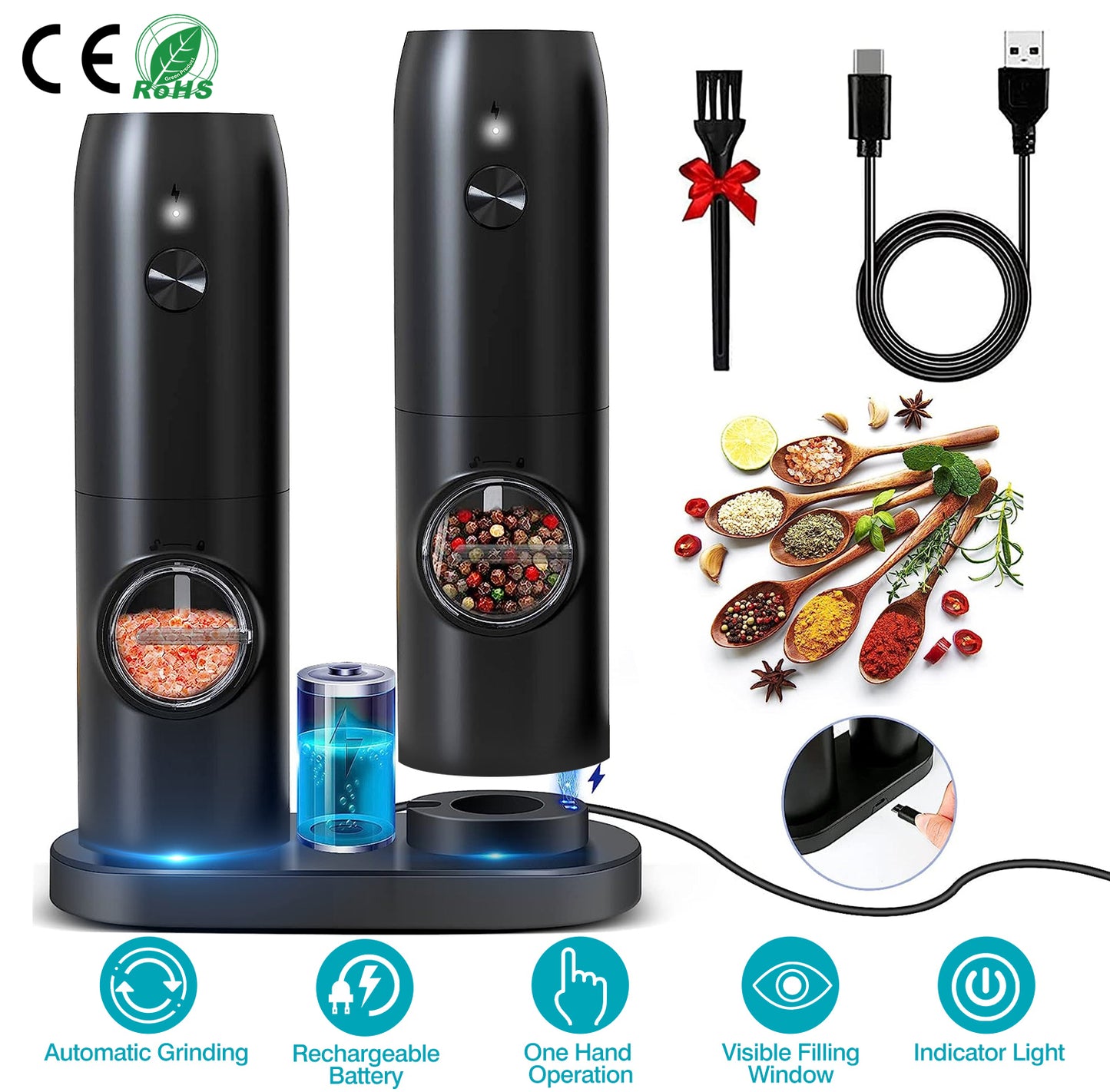 Electric Salt and Pepper Grinder Rechargeable Charging Base Automatic Salt Mill LED Indicator Adjustable Coarseness One Hand Easy Operation