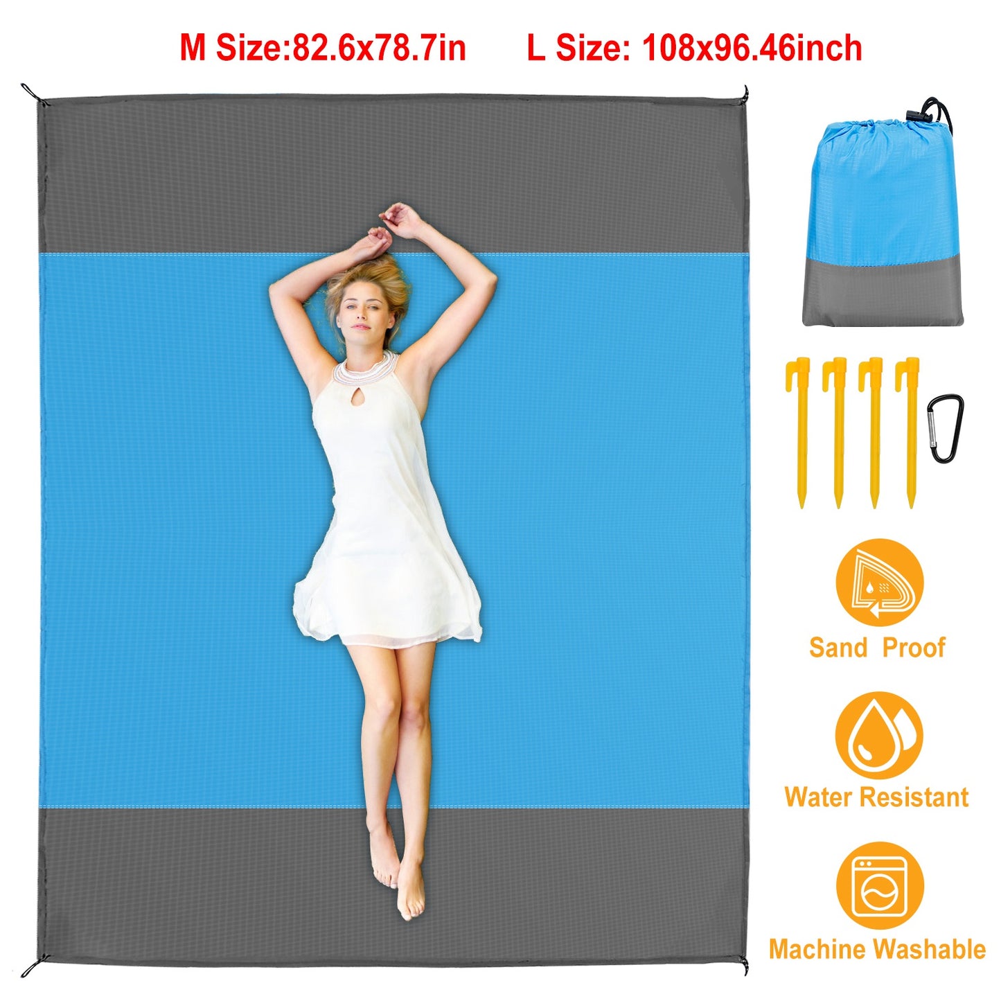 82.6x78.7in Sand Proof Picnic Blanket Water Resistant Foldable Camping Beach Mat w/ 4 Anchors 1 Carry Bag For 2-3 People