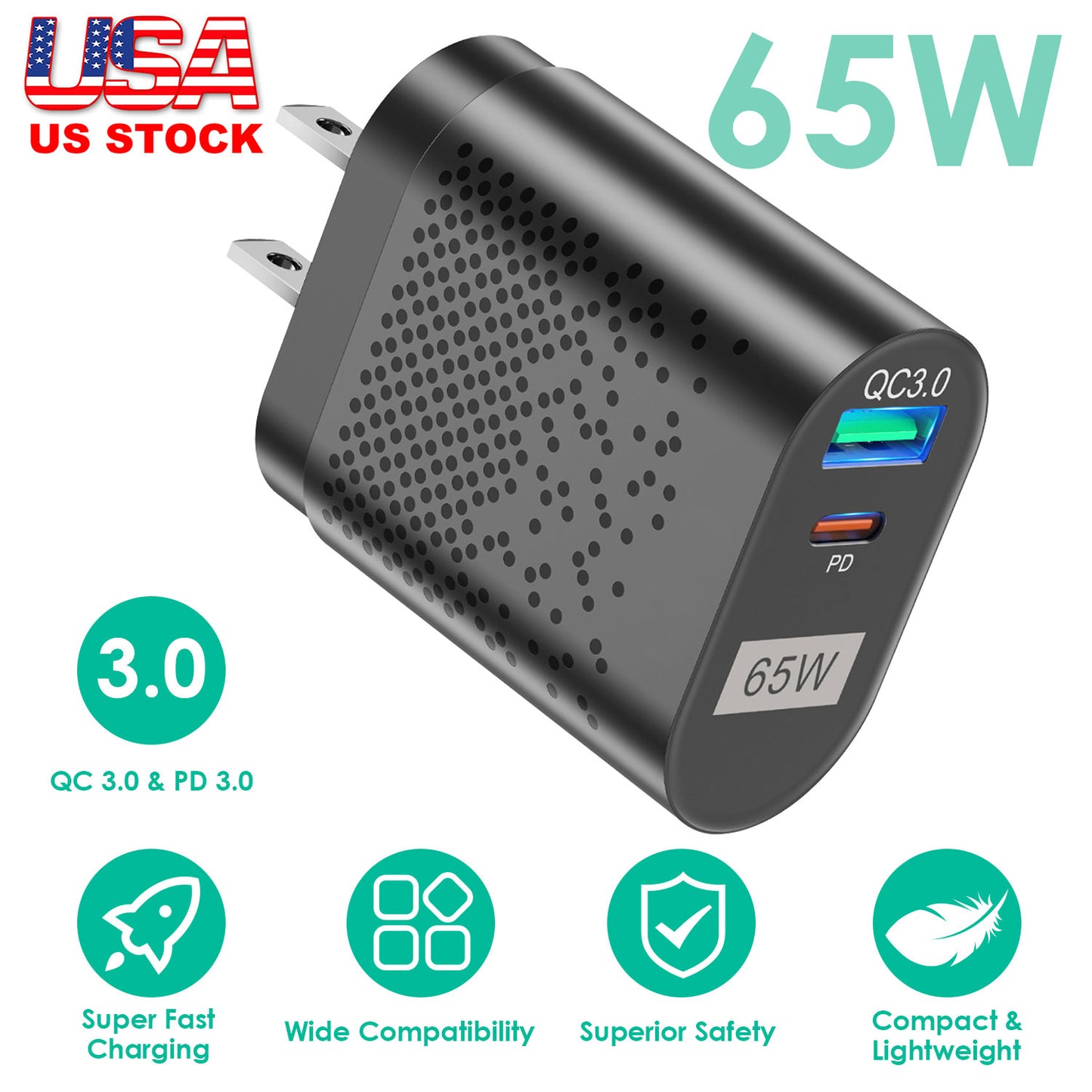 65W Type C Fast Wall Charger PD QC3.0 Adapter Fit for IOS Phone 14 13 12 11 Samsung S22 S21 Switch MacBook iPad