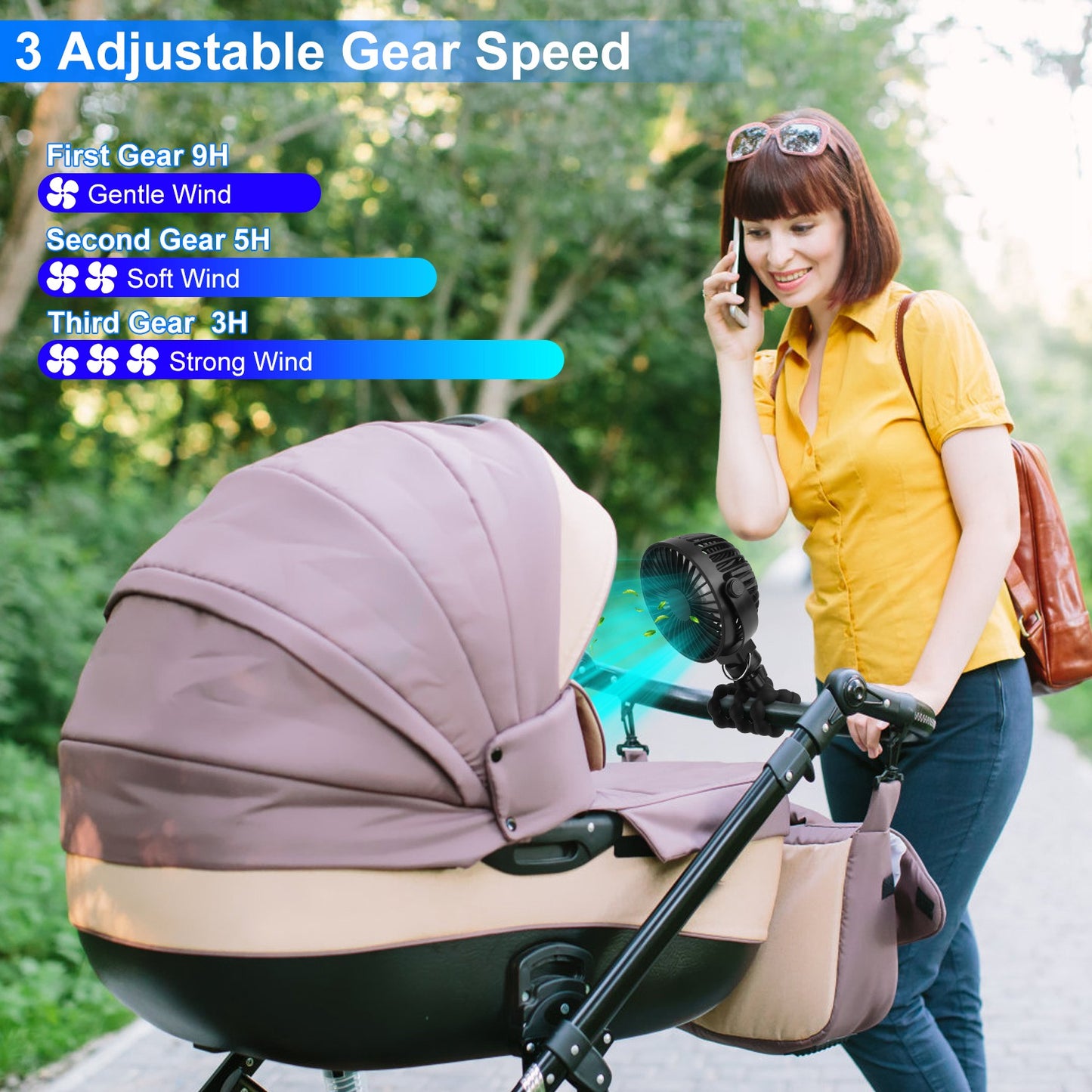 Portable Baby Stroller Fan Rechargeable Handheld Fan with Flexible Tripod Clip On Desktop Hanging Fan 3 Gear Speed 360¡ Tilt Head