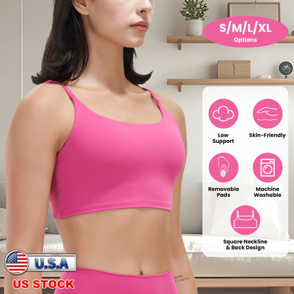 Women Strap Sport Bras Padded Strappy Crop Square Neck Low Impact Bras Sexy Fitness Tank Tops with Removable Pads Flat Straps for Gym Yoga Workout Run