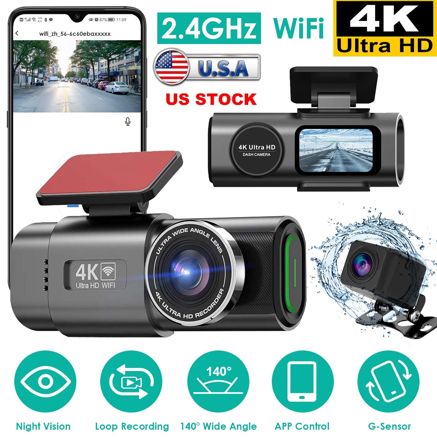 4K/1080P Dual Chanel Car Dash Cam 2.4GHz WiFi Car Camera Mini Driving Recorder with 140¡ Wide Angle APP Control Night Vision G-sensor Loop Recording