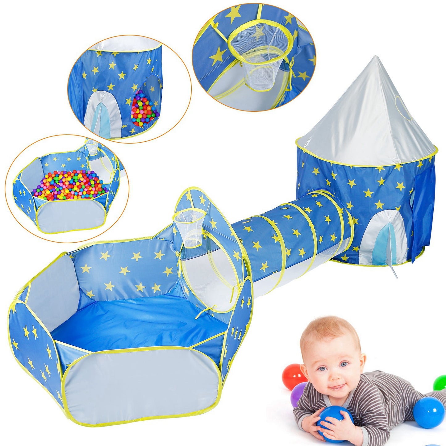 3 In 1 Child Crawl Tunnel Tent Kids Play Tent Ball Pit Set Foldable Children Play House Pop-up Kids Tent w/Storage Bag For Indoor Outdoor Travel Use