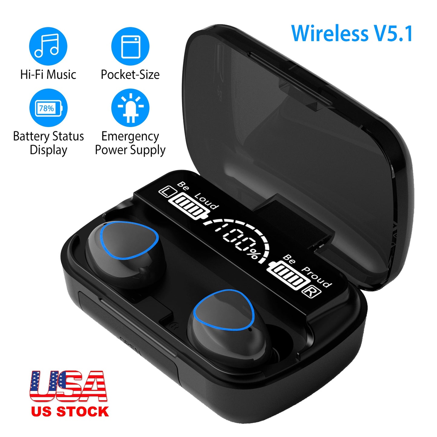 5.1 TWS Wireless Earbuds Touch Control Headphone in-Ear Earphone Headset with Charging Case IPX7 Waterproof Power Bank