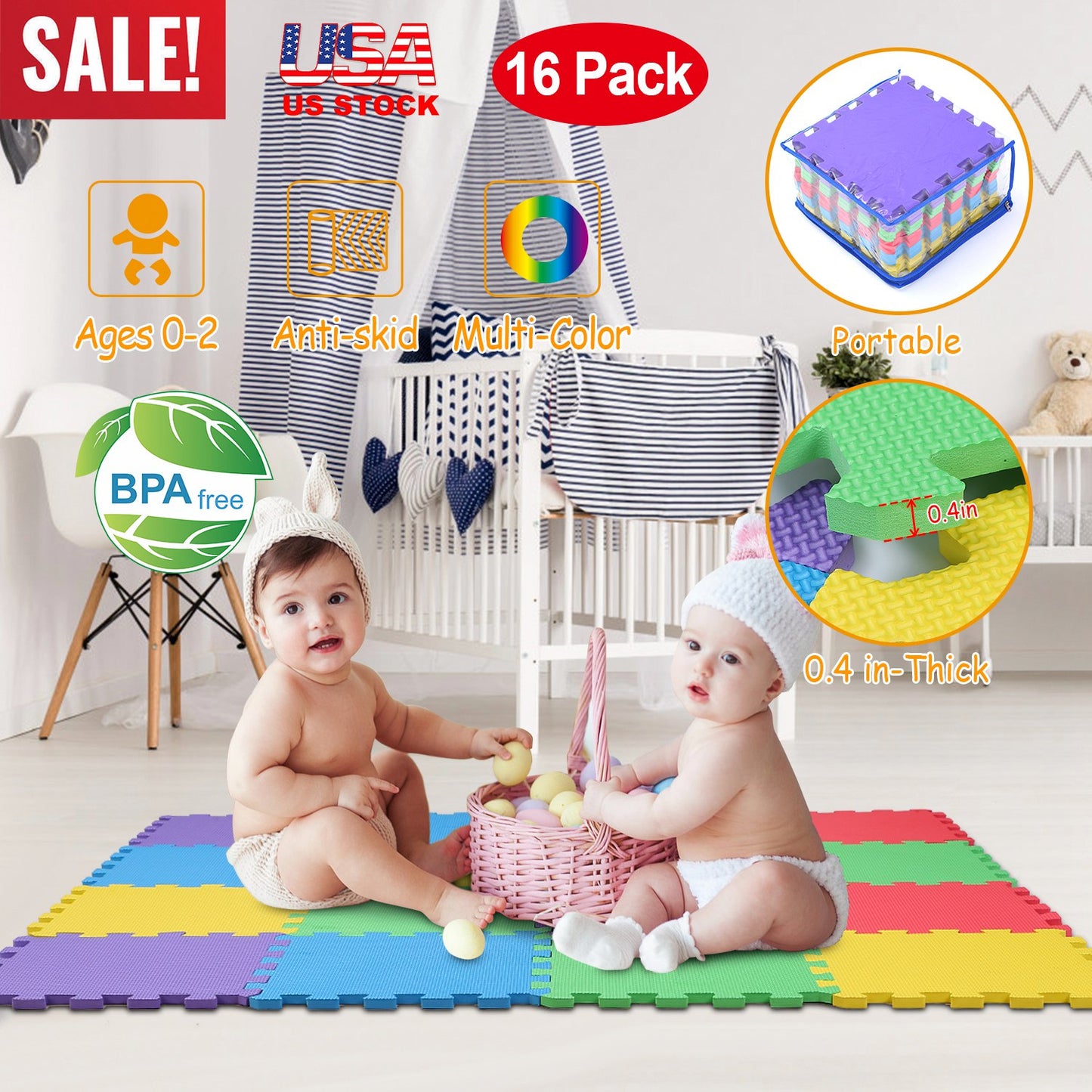 16Pcs Kids Puzzle Exercise Play Mat Interlocking Non-Toxic EVA Floor Mat Multi-Color Anti-Skid Playmat for Infants Baby Toddlers