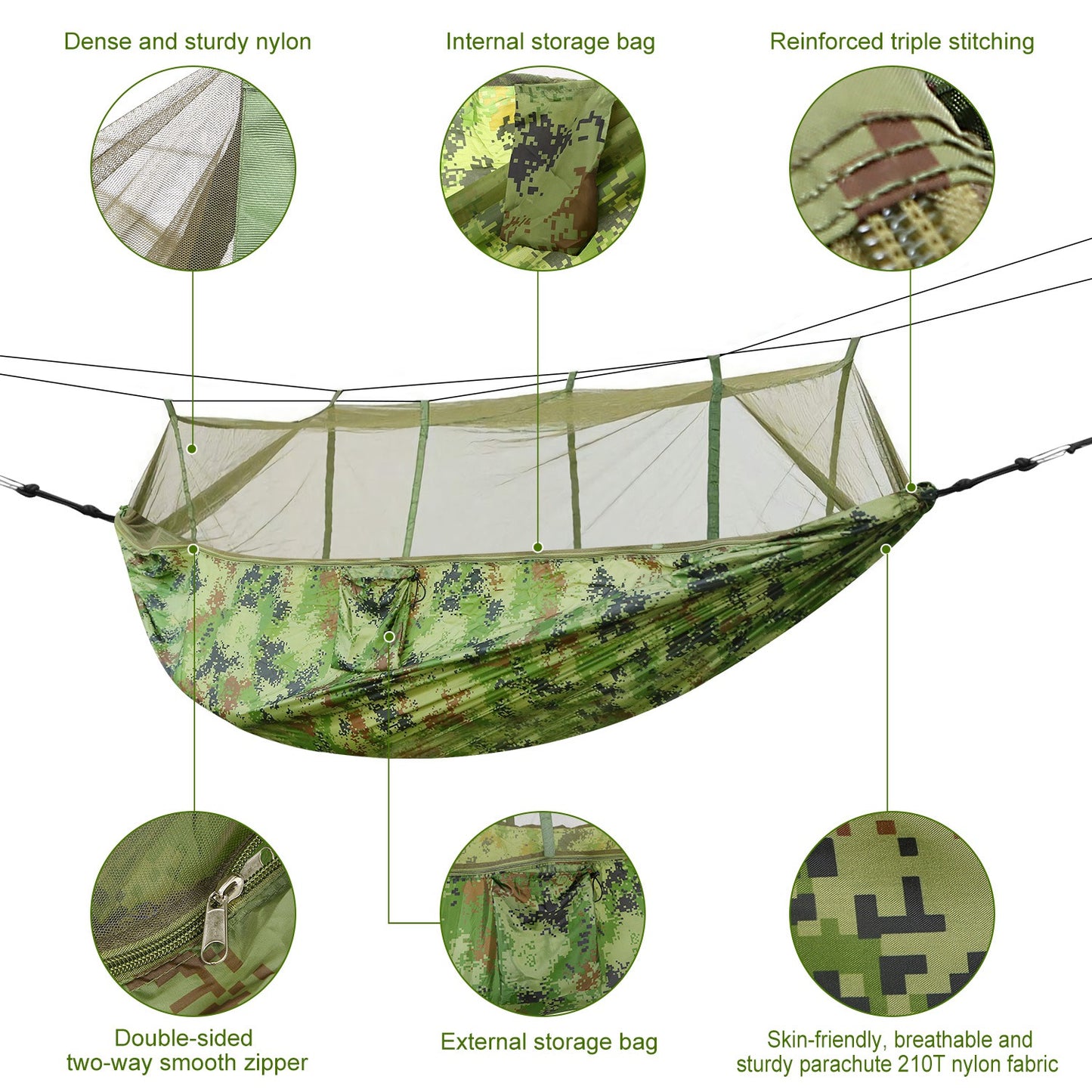 600lbs Load 2 Persons Hammock w/Mosquito Net Outdoor Hiking Camping Hommock Portable Nylon Swing Hanging Bed w/ Strap Hook Carry Bag