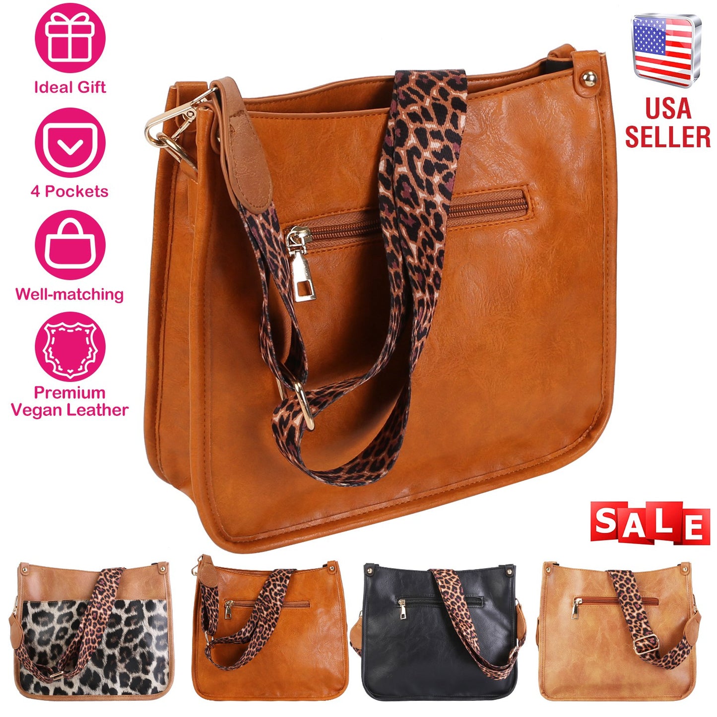 Women Fashion Leather Crossbody Bag Shoulder Bag Casual Handbag with Flexible Wearing Styles Adjustable Guitar Strap