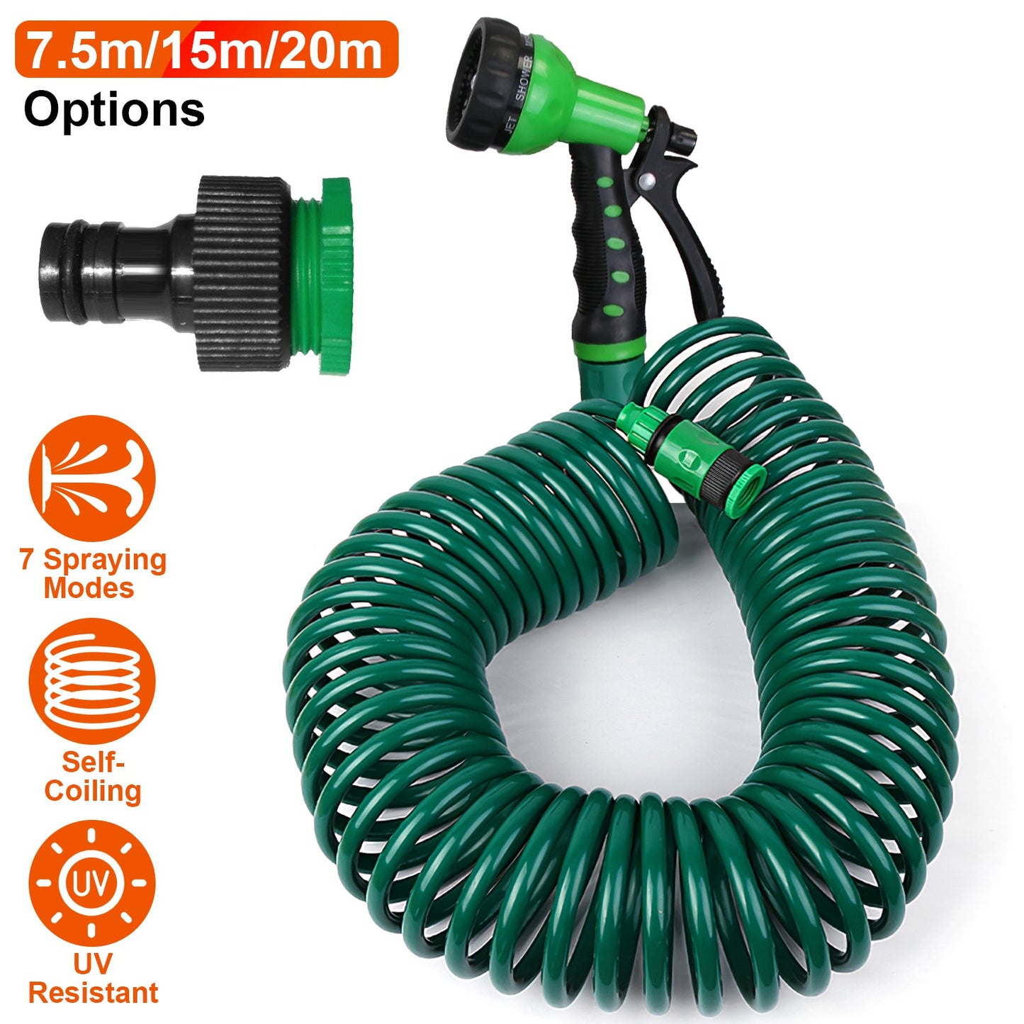 EVA Recoil Garden Hose Flexible Self-coiling Water Hose with 3/4Ó and 1/2Ó Adapter with 7 Spraying Modes for Boat Greenhouse Yard Patio