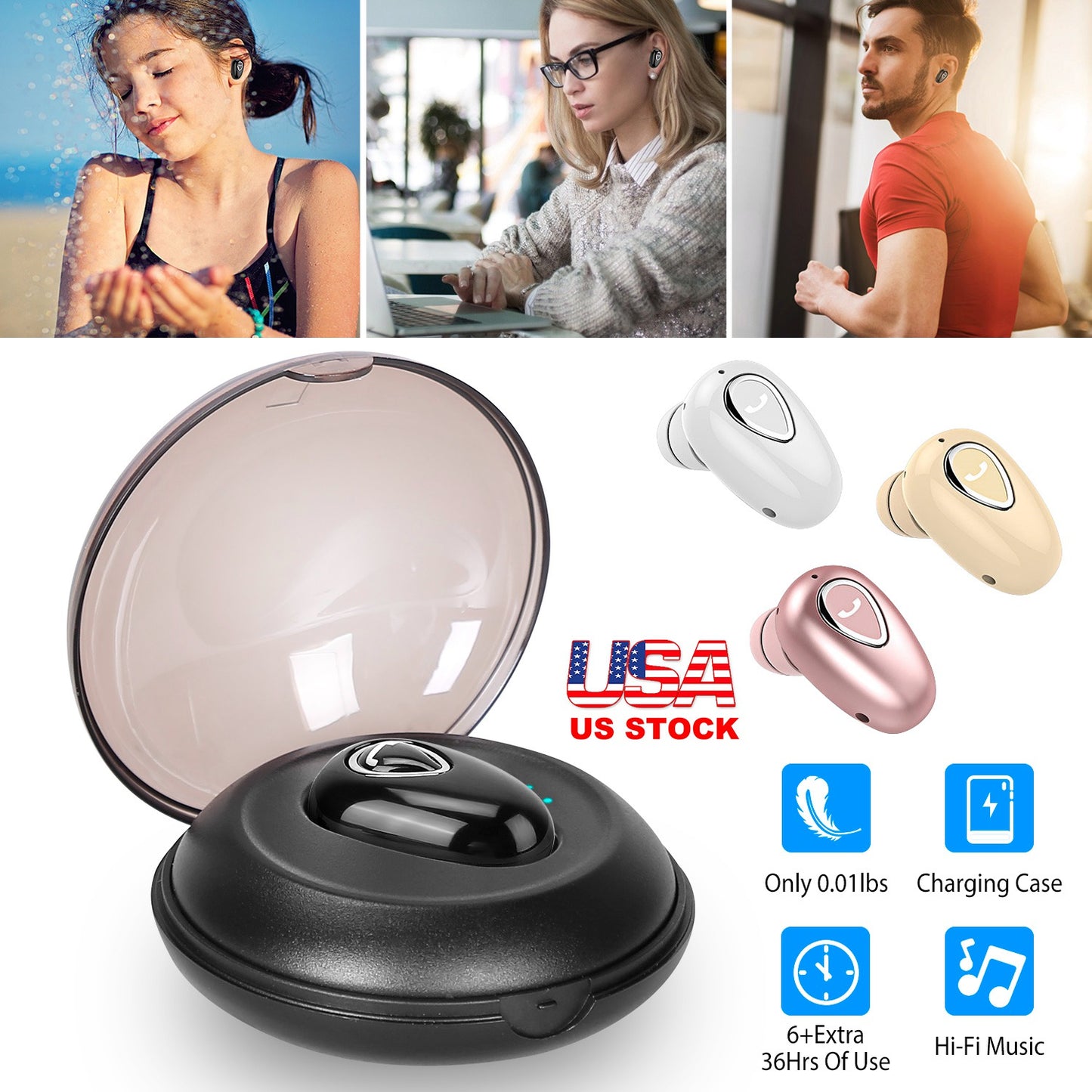 IPX5 Waterproof Unilateral Wireless Earbud Mini In-Ear Headset Rechargeable with Built-in Mic Charging Case Sweat Resistant Earphone