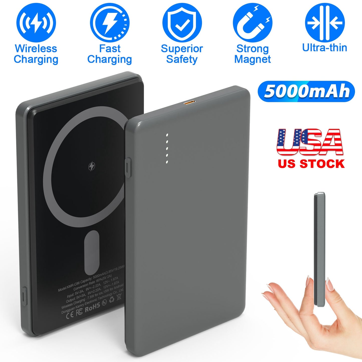 2 In 1 5000mAh 8MM Slim MagSafe Wireless Power Bank PD20W Magnetic Fast Charger Portable Phone Charger Fit for IOS Phone 15 14 13 12 Series And More