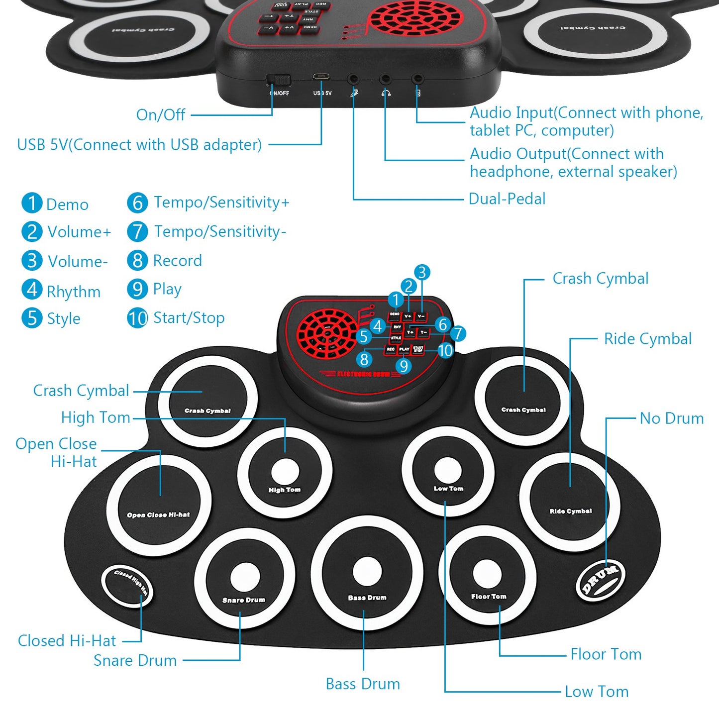 10 Pads Electric Drum Set Foldable 10-Drum SiliconÊDrum Kit Foldable Electronic Drum Pad Machine with Drum Sticks Headphone Jack Speaker Battery Dual-