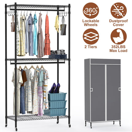 2 Tier Clothing Rack With Cover Portable Wardrobe Closet Covered Garment Rack with 4 Wheels 2 Hanging Rods 2 Hook Racks 35.43x17.13x72.44in