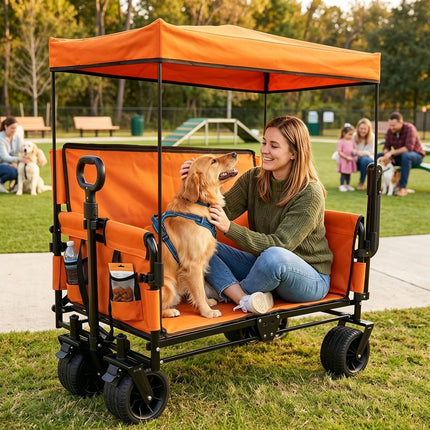 Folding Wagon Cart with Bench Seat & Canopy - 500lbs Capacity