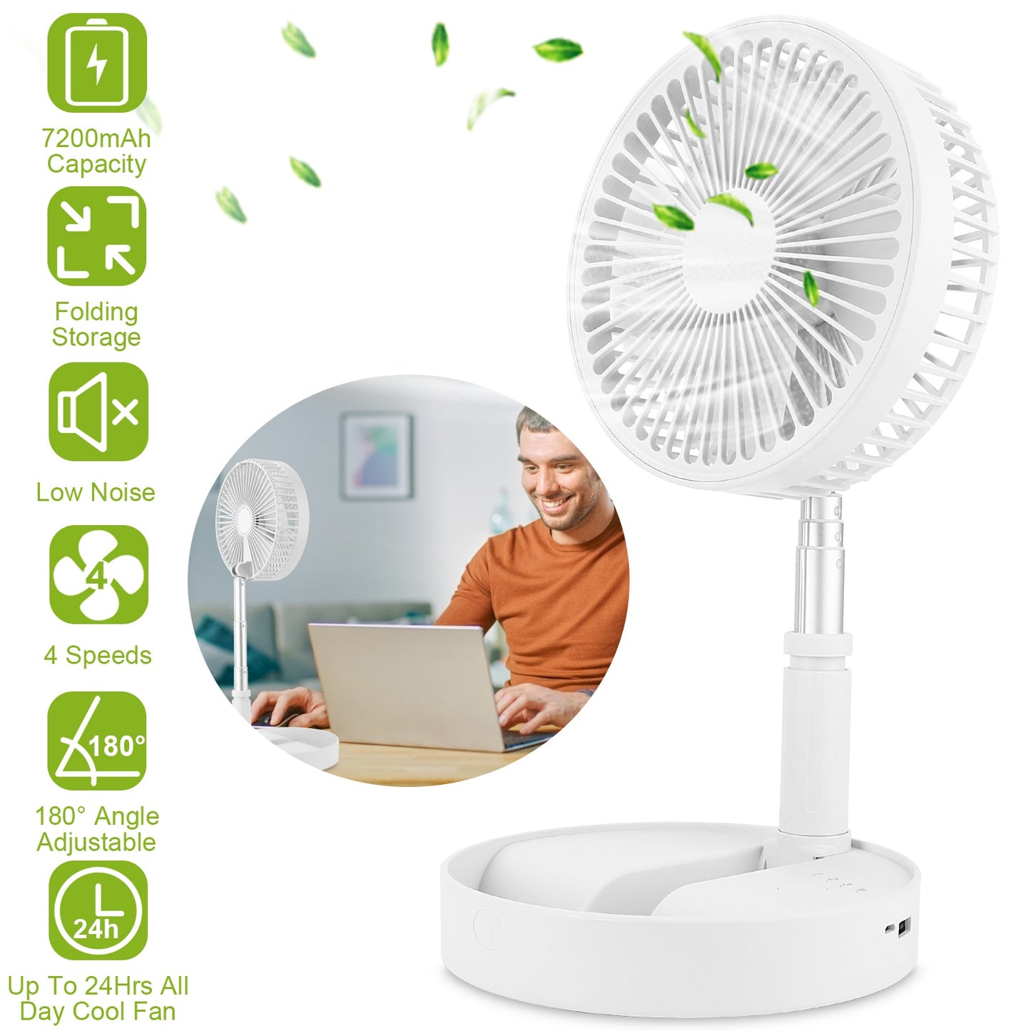 Portable Folding Desk Table Fan Quiet USB Rechargeable Telescopic Standing Floor Fan w/ 4 Speeds Adjustable Height 180¡ Tilting Angle For Office Home
