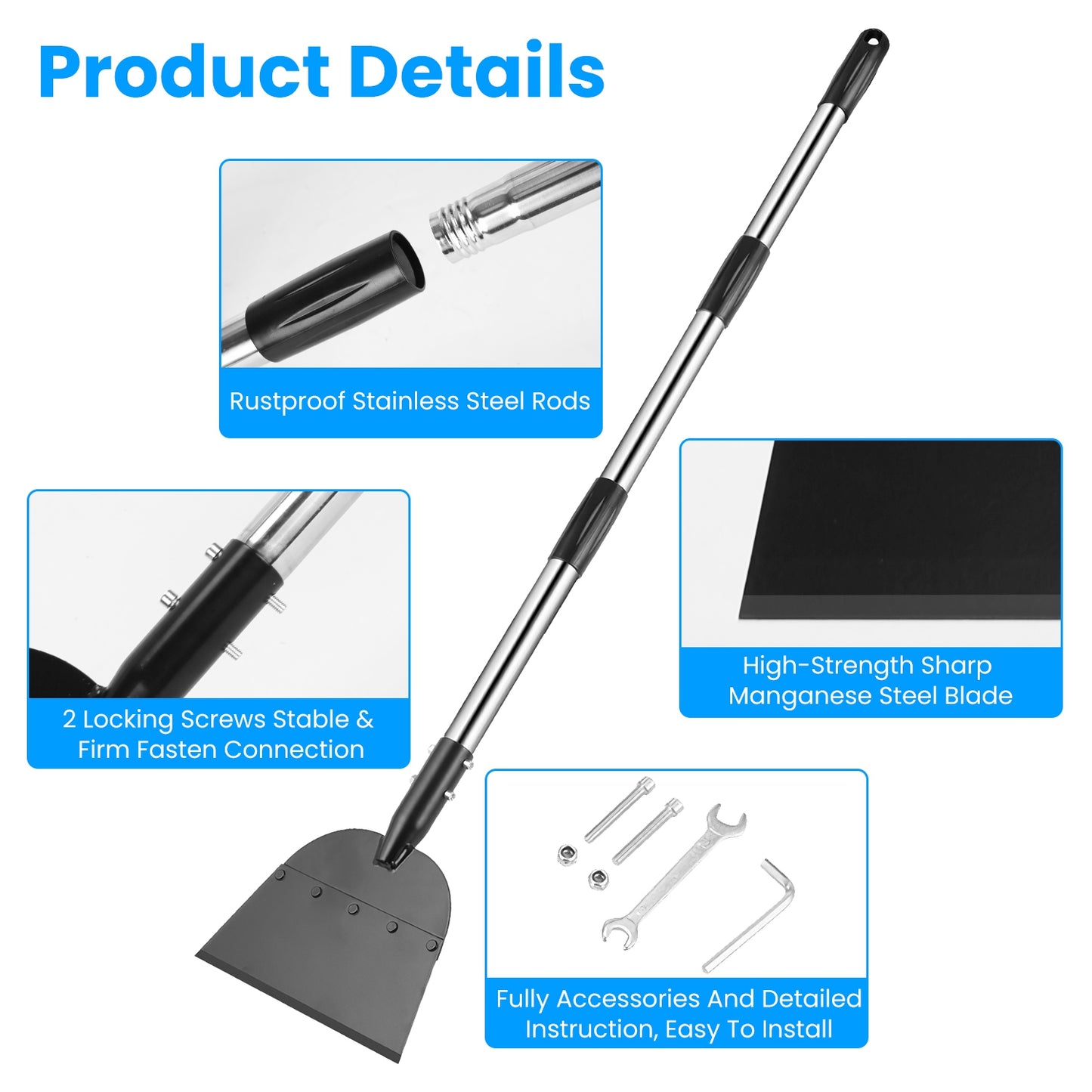 53In Flat Snow Shovel Ice Scraper Manganese Steel Snow Ice Chopper for Walkway Pathway Driveway Ice Removal Gardening Cleaning Scraper Shovel for Weed