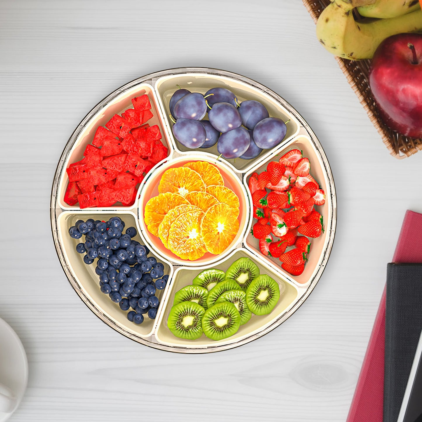 2Pcs Divided Serving Tray with Lid and Handle 360¡ Rotatable Snack Box Container with 6 Dividers Clear Portable Snack Platters for Fruit Candy Nut Sna