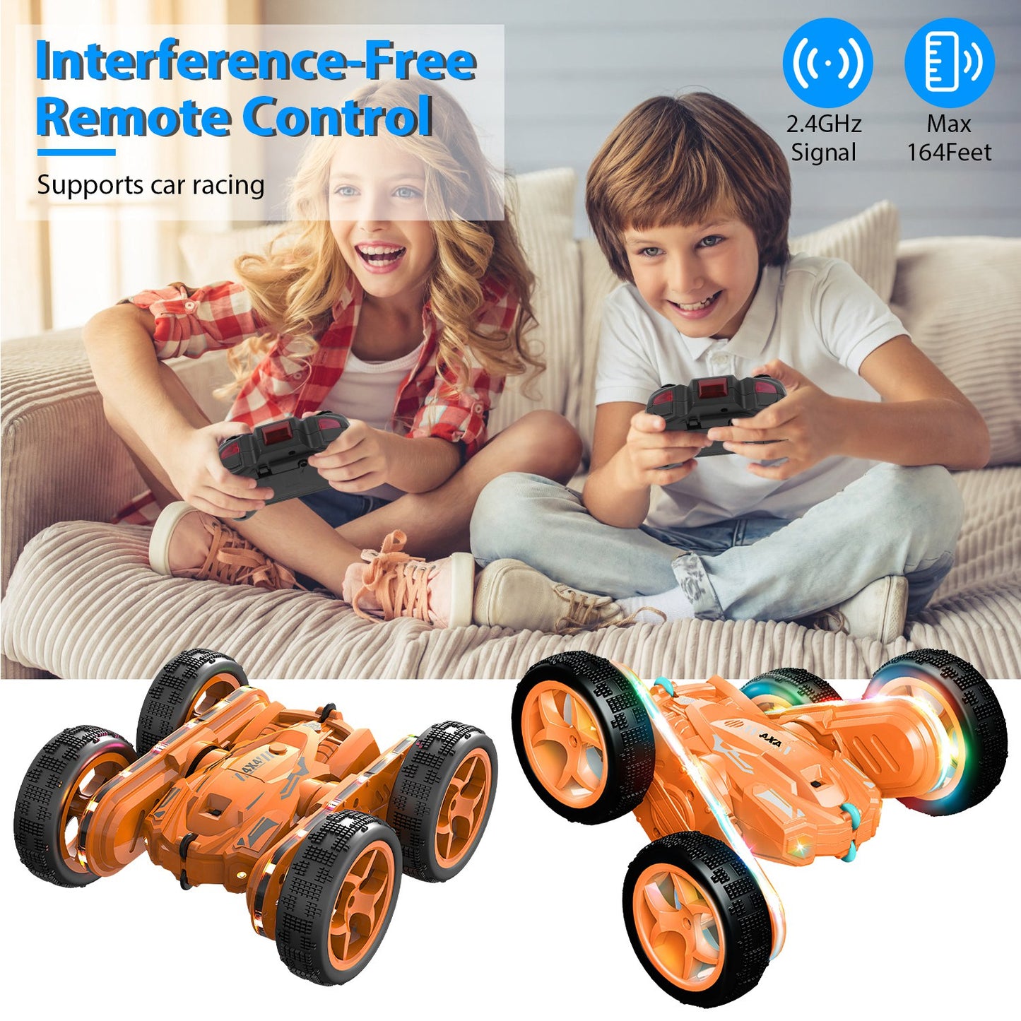 Kid Driving RC Stunt Car 7 Color Strip Light Dynamic Music Swing Arm Double-sided   Rolling Remote Control Car Off Road 2.4GHz 4WD Rechargeable Racing