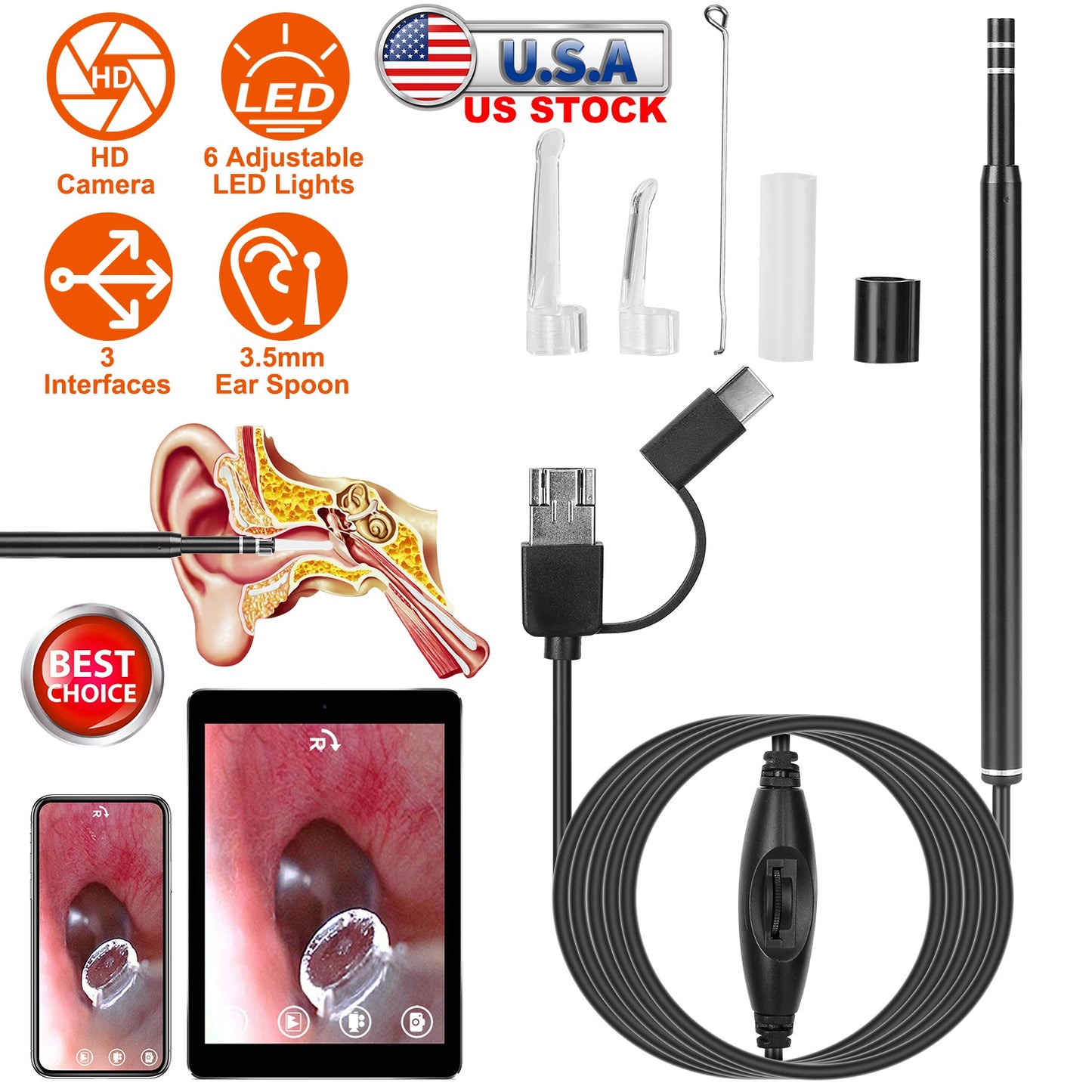 Ear Endoscope Wax Remover Tool HD Remover Ear Pick Camera Otoscope Cleaner Spoon with 6Pcs LED Lights
