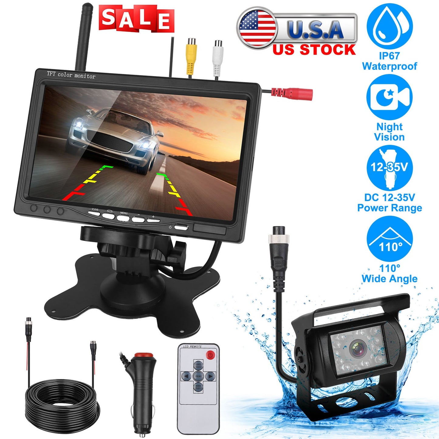 Wireless Backup Camera System Vehicle Rear View Monitor Kit IP67 Waterproof Car Parking Reverse System with 7In Screen Night Vision 2.4G Stable Signal