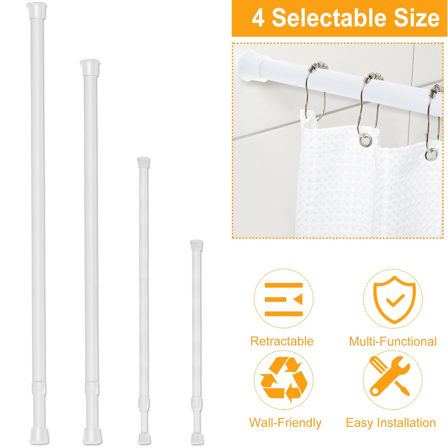 Tension Curtain Rod Spring Load Adjustable Curtain Pole Heavy-Duty Steel 4 Sizes for Bathroom Wardrobe Kitchen Balcony