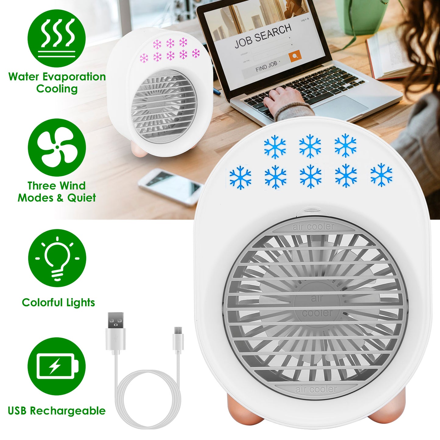 4 In 1 Portable Mini Desktop Air Conditioner Fan Water Mist Cooling Fan USB Rechargeable Humidifier Fan Evaporative Air Cooler 3 Wind Modes Colorful L