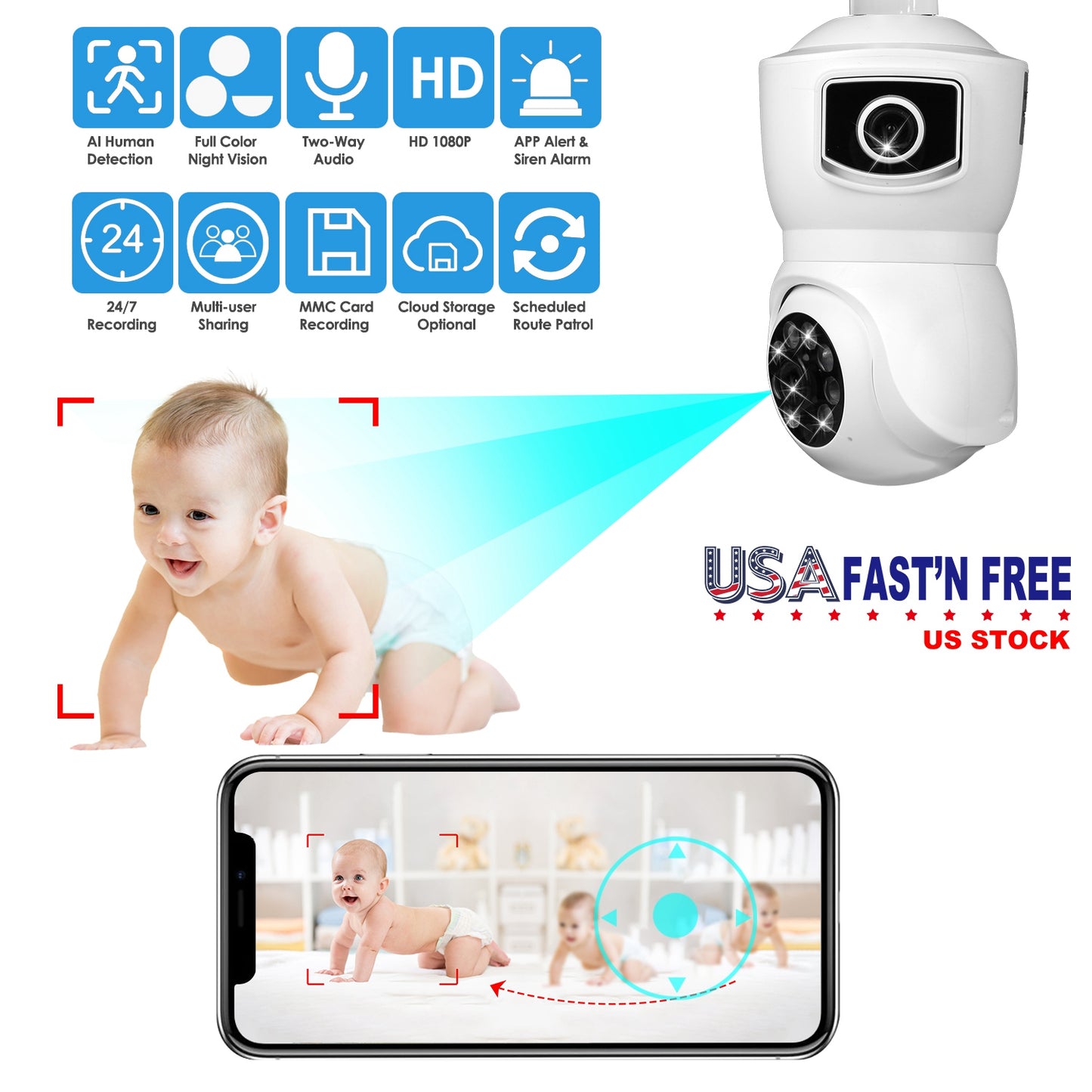 Dual Lens Security Camera E27 Light Socket Surveillance Camera 1080P WiFi IP Camera with APP Control AI Human Detection Full Color Night Vision Two-Wa