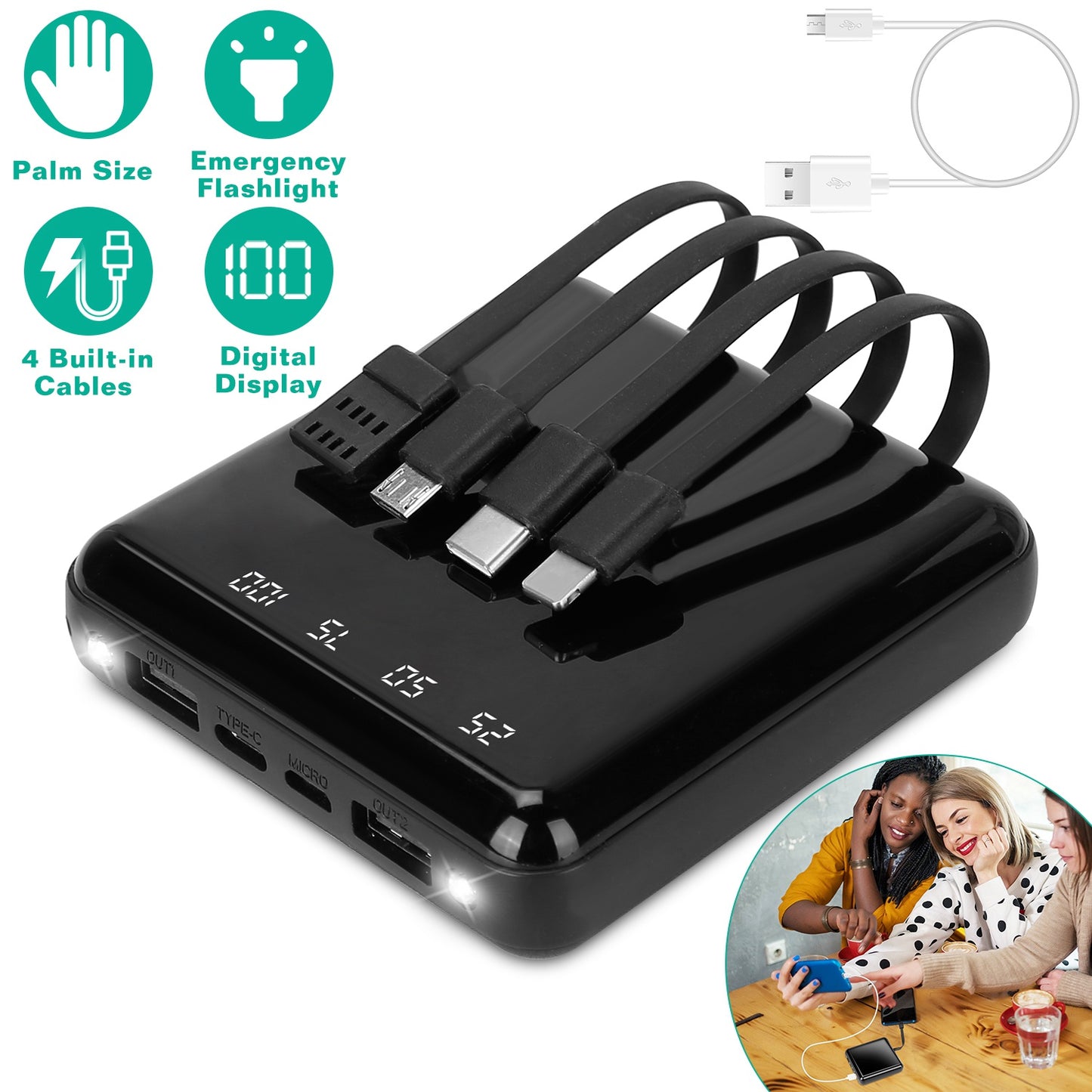 10000mAh Portable Charger Power Bank External Battery Pack w/ 4 Built-in Cables w/ LED Flashlight