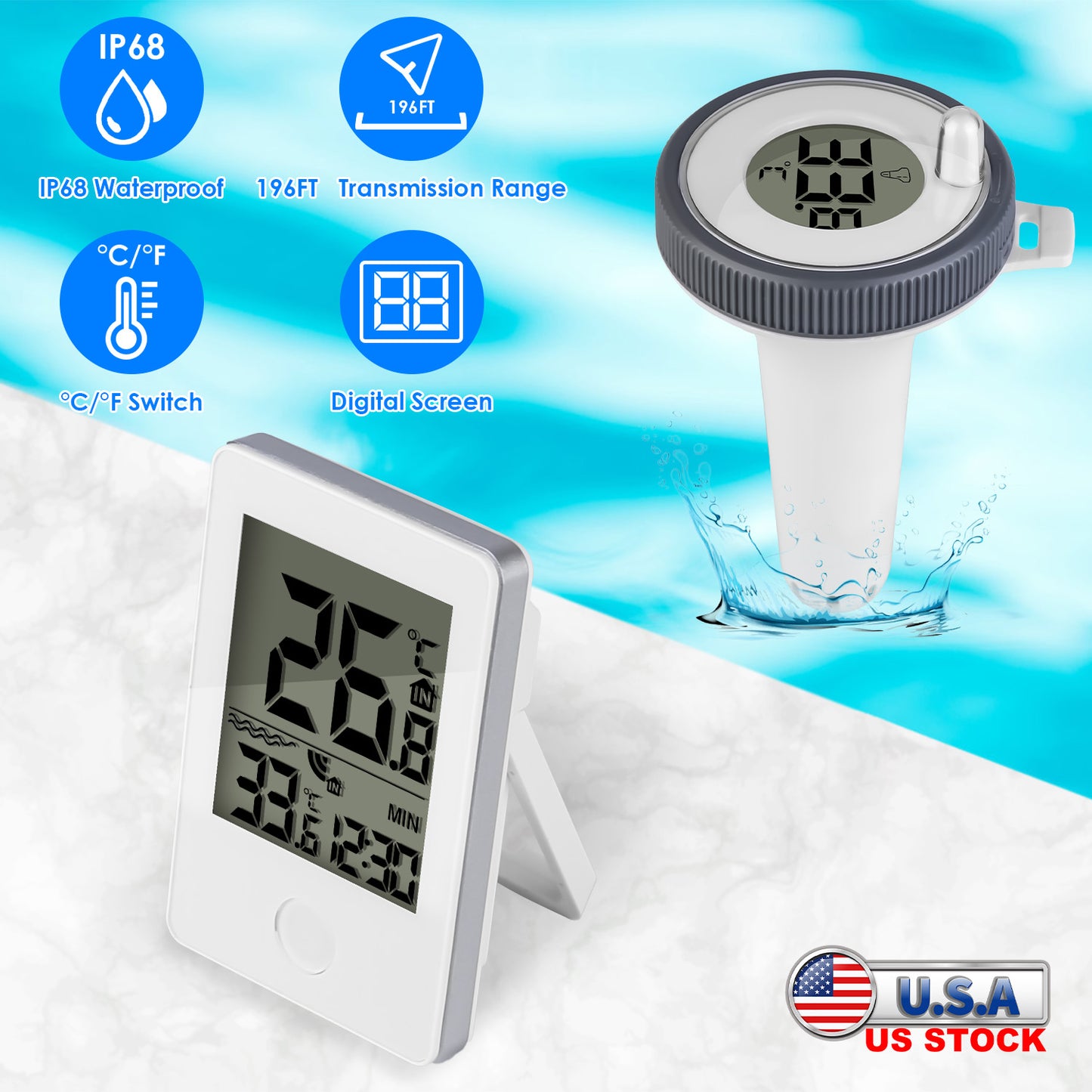 Wireless Floating Pool Thermometer With Easy Reading Digital Indoor Monitor IP68 Waterproof 196FT Transmission Range For Swimming Pool Ponds Aquarium
