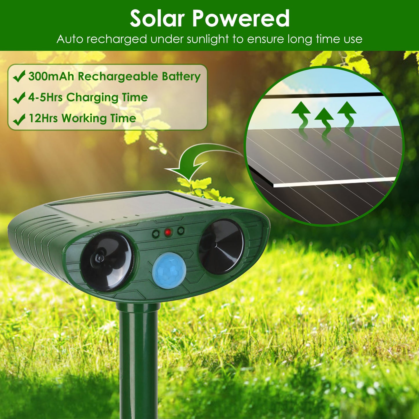Solar Ultrasonic Animal Repeller PIR Motion Sensor Animal Repellent Chaser IPX4 Waterproof for Farm Garden Yard to Drive Raccoon Squirrel Rat Skunk Ra