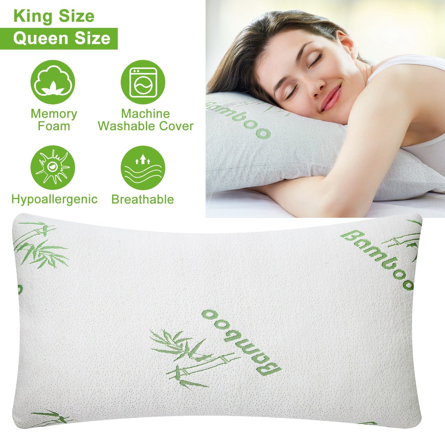 Bamboo Memory Foam Pillow Hypoallergenic Bed Pillow For Head Neck Rest Sleeping Shredded Pillow W/ Washable Cover
