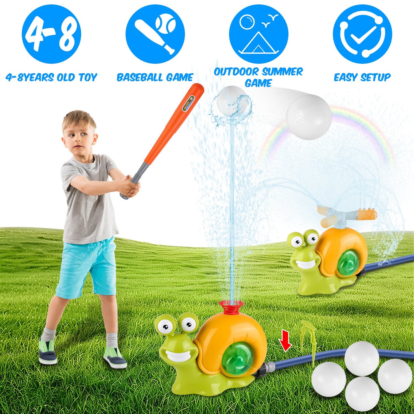 2 In 1 Snail Water Sprinkler Baseball Toy With 2 Sprinkler Nozzles 360¡ Rotating Spray Baseball Sprinkler Summer Water Toy For 4-8Years Old Boys Girls