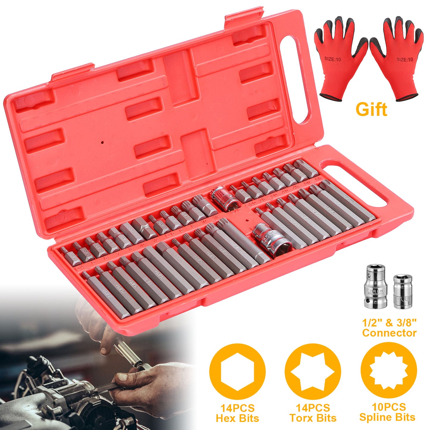 40Pcs Socket Bit Set Hex Torx Spine CRV Combination Bits w/ 3/8"1/2" Drive Free Gloves Case