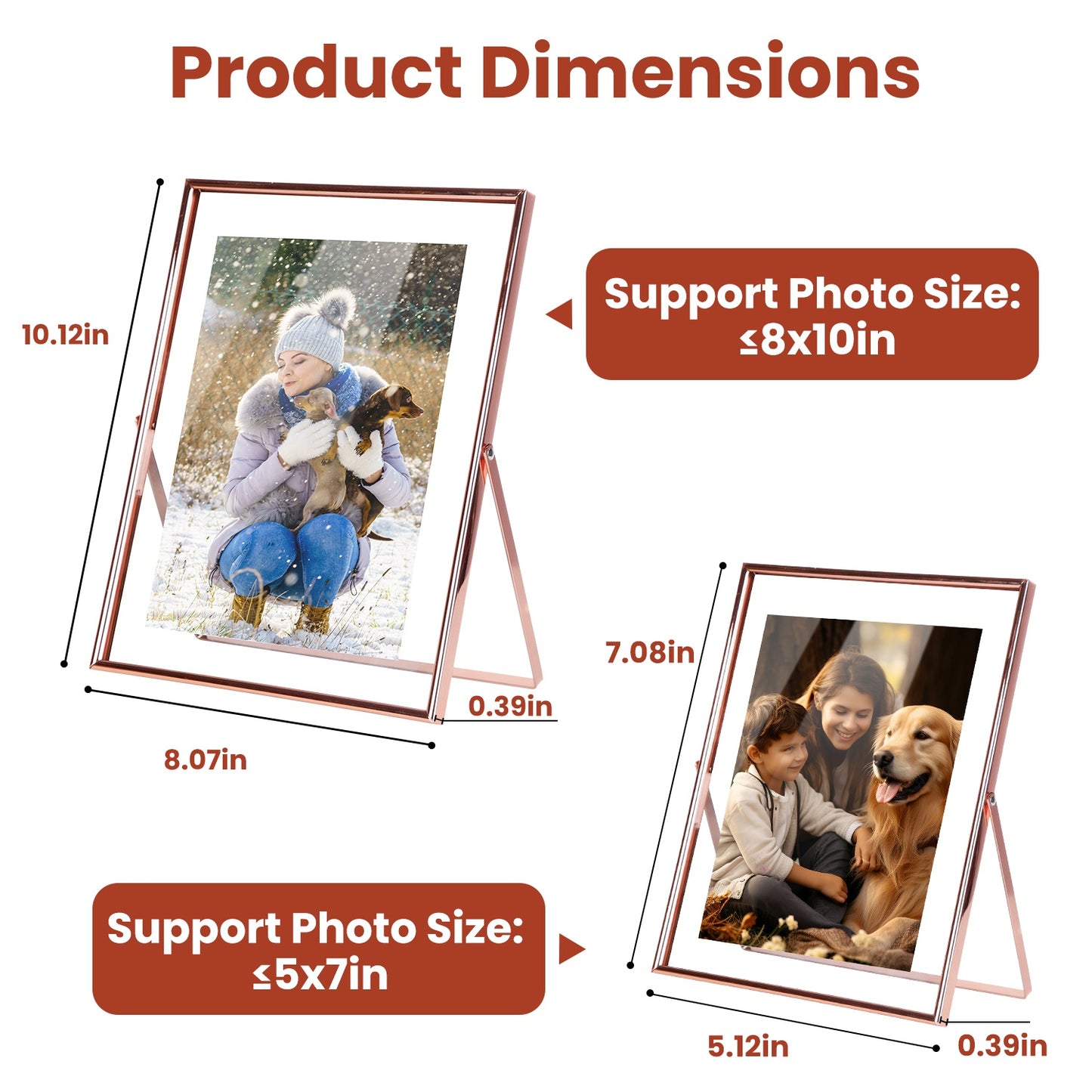 2Pcs Standing Rose Gold Metal Picture Frames 5x7IN 8x10IN Vertical Tabletop Floating Photo Frame Double-Glazed Glass Pressed Flower Frame for Home Dec