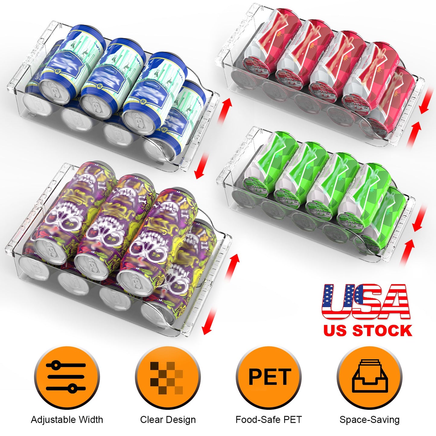 4Pcs Soda Can Organizers for Refrigerator Width Adjustable Clear Drink Organizer Expandable Can Holder Dispenser for Fridge Pantry Freezer