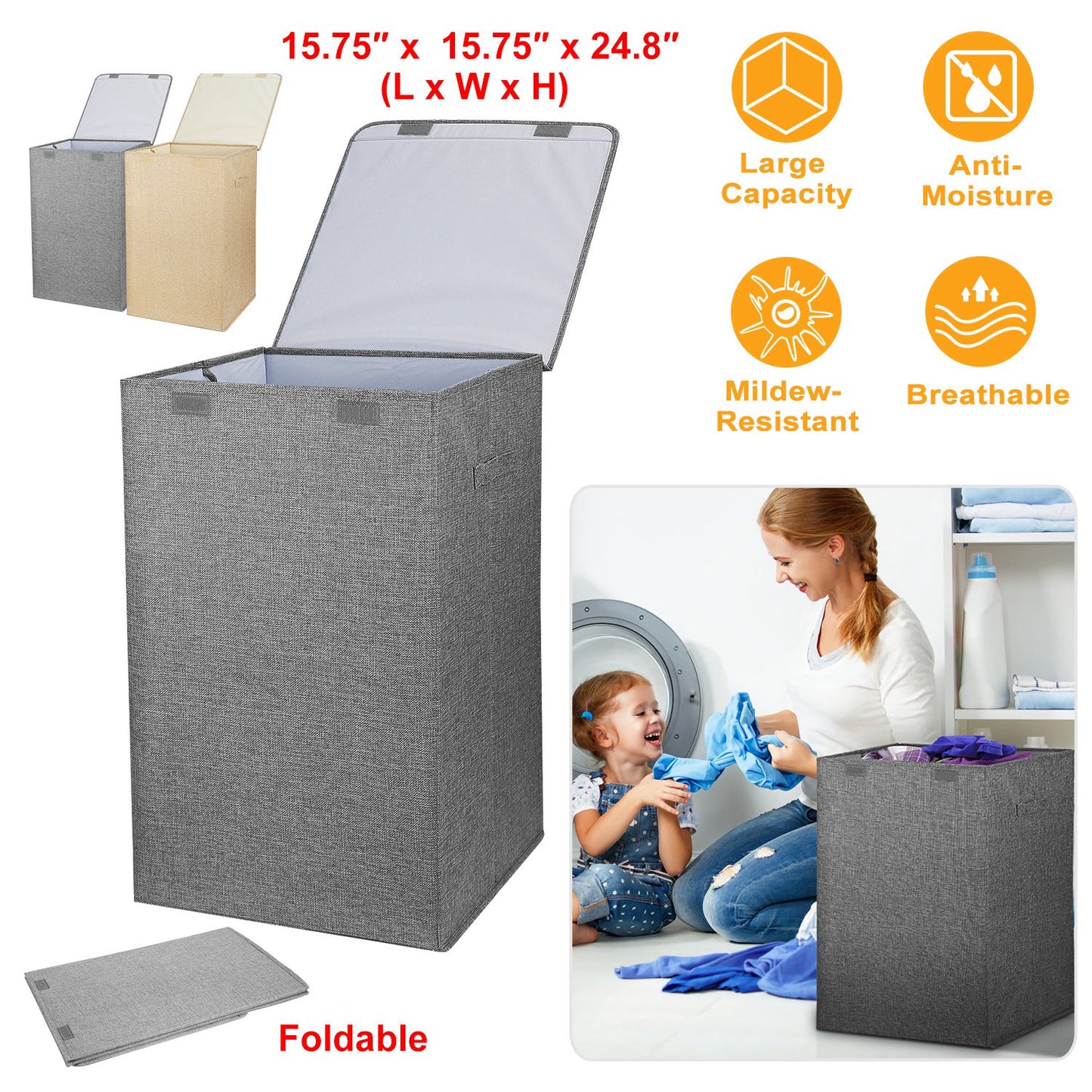 Foldable Laundry Hampers Washing Clothes Laundry Basket w/ Lid Handles Storage Organizer