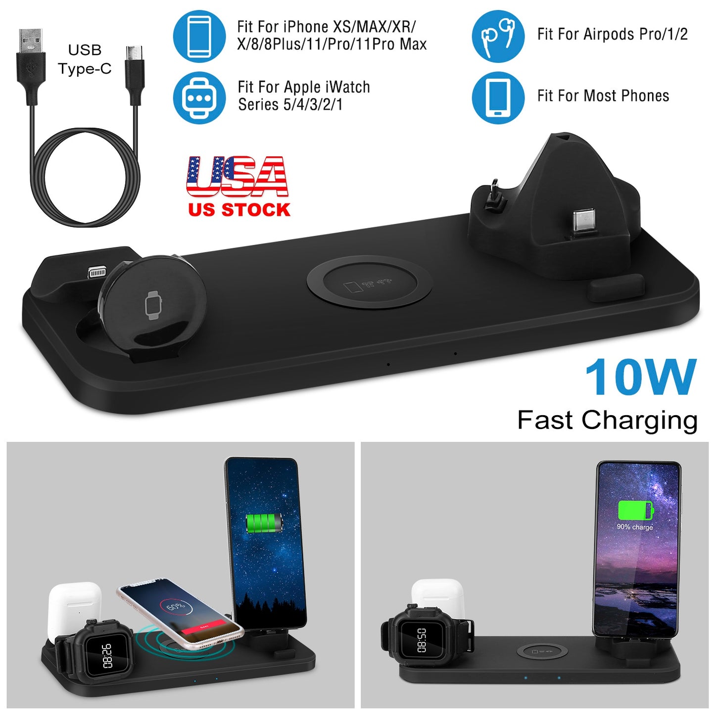 6 In 1 Qi Wireless Charger 10W Fast Charging Station Fit For iWatch 5/4/3/2/1 Airpods Pro/1/2 IOS phone Xs/MAX/XR/X/8/8Plus/11/Pro/11Pro max Galaxy No